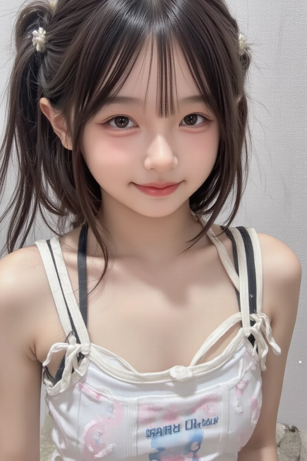 ((Cute pigtails girl in white underwear)),teenager,one's home、Sit on the bed、Transparent、chest、small、wet hair、leaning forward、Place your hand with your mouth open