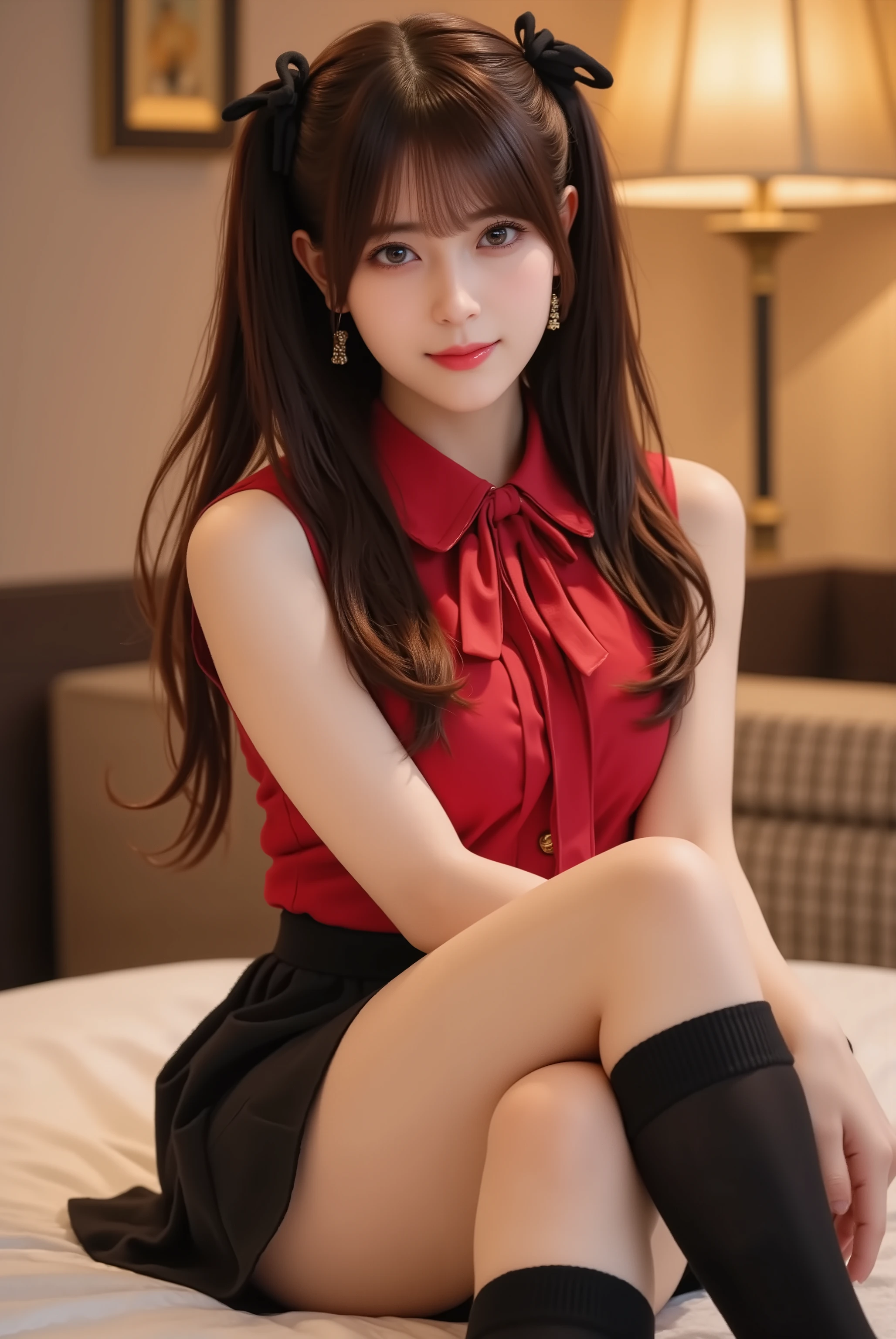 ultra-realistic portrait of a sweet, elegant Japanese idol lookalike (Tamura Mayu inspired),
soft round face, gentle almond brown eyes, small cute nose, natural rosy lips,
healthy glowing skin with fine pores and subtle peach fuzz,
cherry-brown medium hair (level 7–8) with airy see-through bangs, neat face-framing pieces, subtle inward J-curl,
cozy hotel bedroom at night, warm lamp light, shallow depth of field, soft bokeh,
sitting on a bed with legs crossed, hands relaxed on knees, graceful posture, calm friendly smile,
red sleeveless blouse with a ribbon tie (gold-edged stripes), black pleated mini skirt, black knee-high socks, tasteful styling,
50–85mm portrait, straight-on to slightly high angle, cinematic rim light + soft fill, realistic skin texture, detailed iris,
high resolution, magazine cover quality, sdxl
fine skin pores, subtle peach fuzz, micro-specular variation, ambient occlusion in creases,
realistic fabric wrinkles and stitching
twin tails with black ribbon bows, long chocolate-brown hair (level 6–7), light see-through bangs