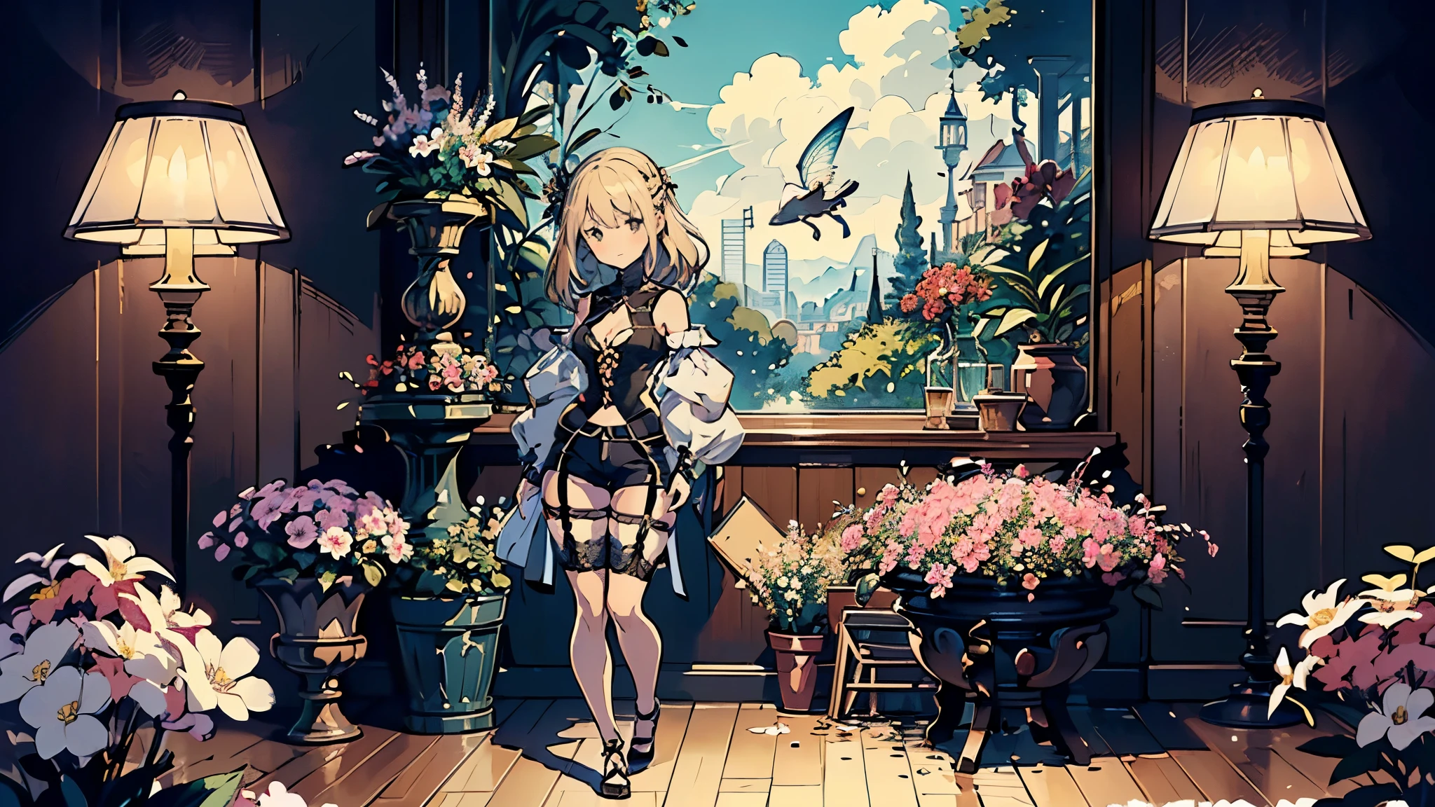 ((( flat at honny))),(((BD Chibi 、Full Body))),Brave Default \(series\), Near, Final Fantasy, (((test tube in the style of Santiago Caruso,in the style of Mike Azevedo，1girl，  hip-hop style outfit  ， ))),,Too Delicate and Beautiful,,(masterpiece:1.2), 最High Quality, high resolution, high resolution, perfect face,masterpiece, 最High Quality, 最High Quality, official art, （ beautiful and aesthetic:1.2)、Brave Default: Flying Fairy, Brave Default \(series\),masterpiece, solo, 1girl, Flower Garden,  anime style, high resolutionの画像 , (High Quality, 8k, 4K,  最High Quality, best aesthetics),  ((, cleavage cutout)), (Lace Crisscross, high leg in the rank room, Clothes with lace, ((Cotton Shorts Pants)),(garter straps),garter bell ), ((Beautiful Medium Bust)), shoulder out, sleeve removed,))),