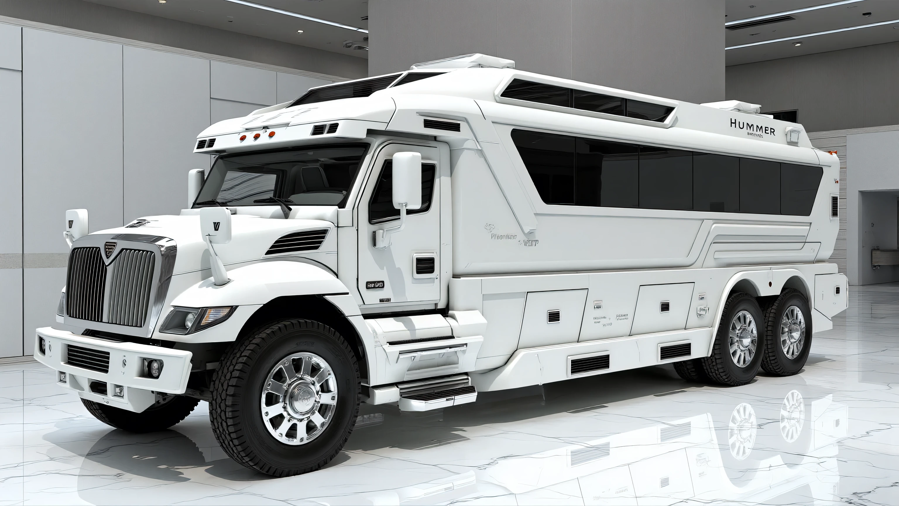 armored vehicle,,A futuristic ultra-luxury motorhome with a bold, angular, and aerodynamic design, inspired by modern concept vehicles. The body is sleek and finished in glossy pure white with sharp geometric contours. The front of the motorhome has an aggressive design with large tinted windshield glass panels that wrap around the cockpit. Slim vertical LED headlights are integrated into the front fascia, glowing with a high-tech white light. The front bumper has layered metallic detailing and wide intake grilles, giving it a powerful, armored look.
The side walls feature large tinted black glass panels that extend along the midsection, giving a sense of openness and modern luxury. The rear upper section has an extended second-level capsule-like structure with panoramic black-tinted windows, resembling a futuristic observation deck. The wheels are oversized, with ultra-thin low-profile tires and intricate chrome multi-spoke rims that emphasize strength and elegance. Retractable side steps with soft LED glow are built into the lower body panels.
On the side wall of the vehicle, the bold text “HUMMER” is clearly written in a clean, black, futuristic font. The overall appearance balances between a luxury yacht on wheels and a high-tech armored vehicle.
Background: The motorhome is displayed in a luxury showroom with a bright atmosphere. The floor is highly polished white marble, reflecting the vehicle’s details. The walls are large, seamless slabs of smooth white marble with soft lighting, enhancing the premium environment. The entire space feels like a futuristic exhibition hall, minimalist yet luxurious, showcasing this cutting-edge motorhome as the centerpiece.