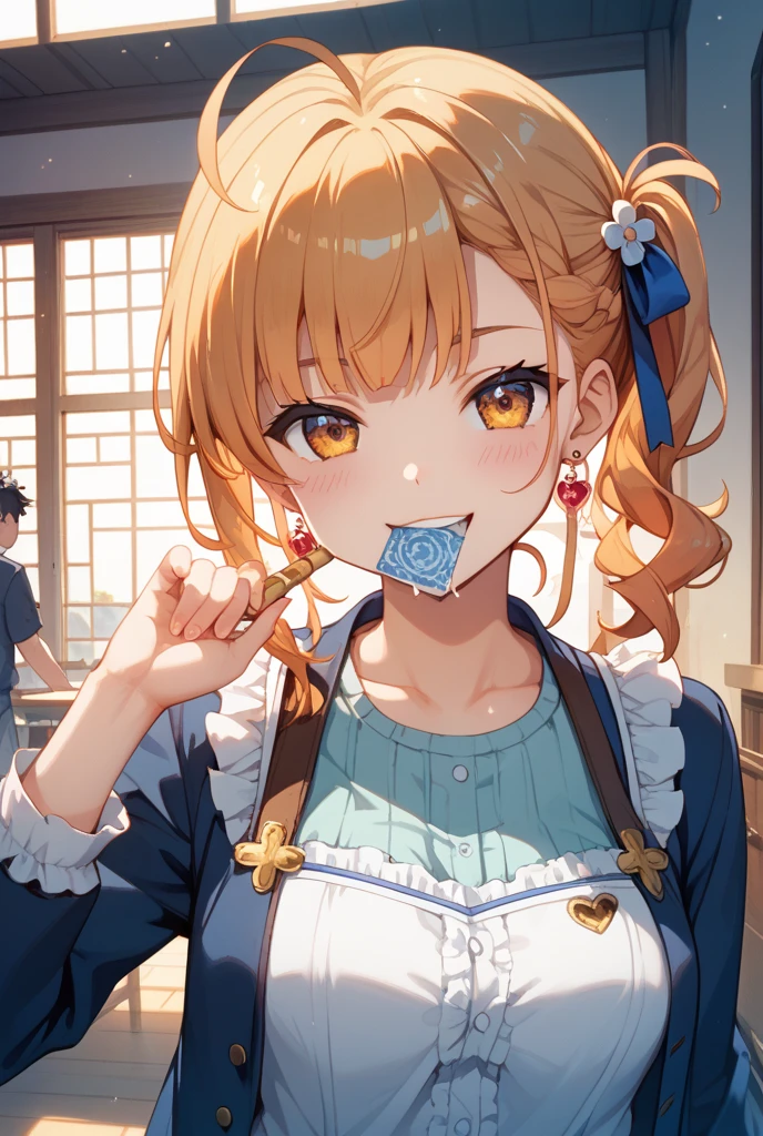 Eat omurice at a restaurant (Original uniform), (Little Girl), (blonde:1.5）(eyelash:1.2) (Short Bob Hair:1.4), (Blue eyes)(:1.3)
