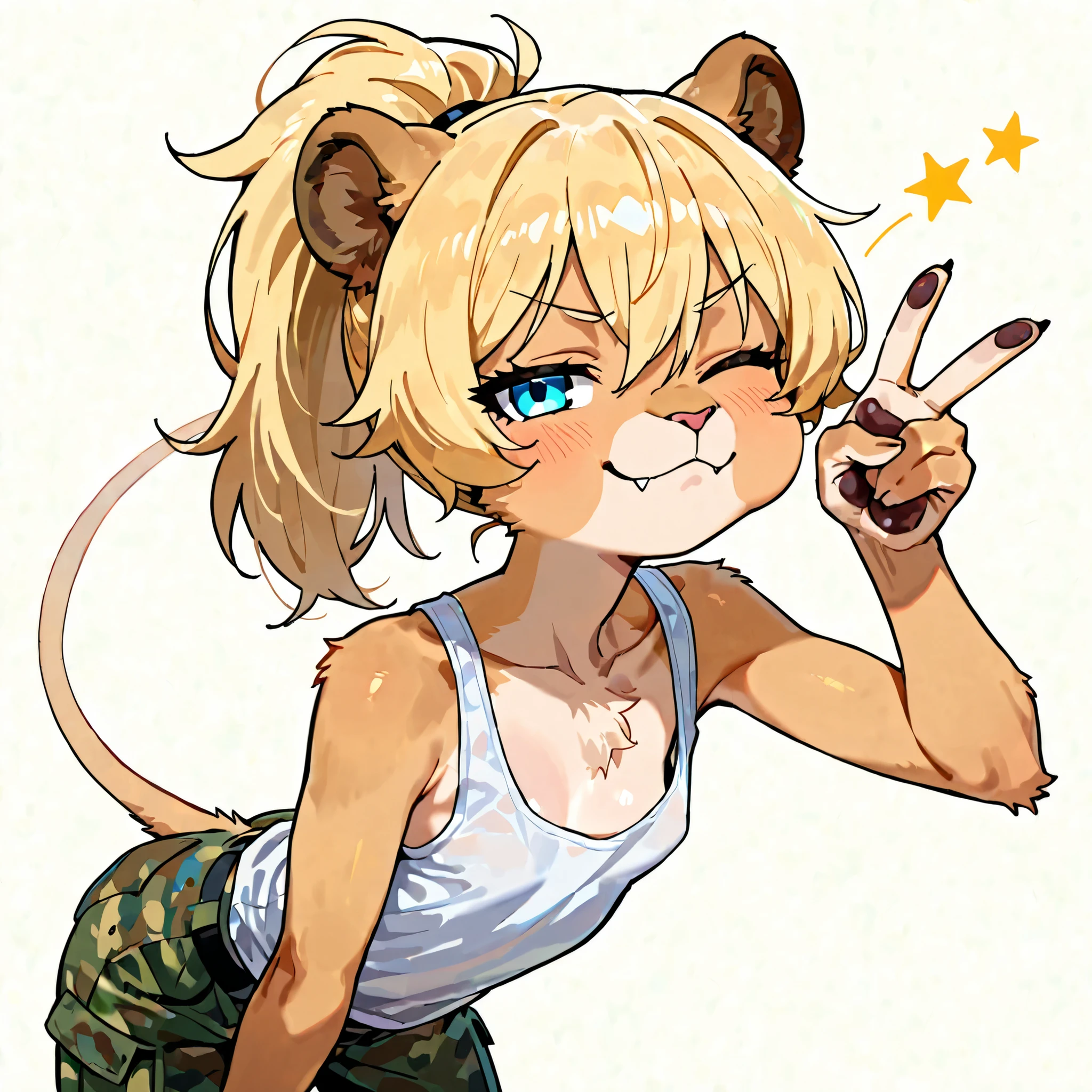 score_9, score_8_up, score_7_up, 1girl, solo, masterpiece, best quality, amazing quality, very aesthetic, absurdres, source furry, young, lion girl, blonde hair, ponytail, half closed eyes, lion ears, blue eyes, small breast, "eyelips", ((white tank top, military pants, military training)), lioness features, looking at you, fangs, clear brown body fur, short stature, glistering body, shiny body, skinny, tuft cheeks, lion features, :3, looking at you, high quality, masterpiece, shiny body, better quality, looking at you, uperbody, white background, simple background, (nailess, clawless), standing, v, peace sign with one hand, leaning forward, wink, one eye closed,