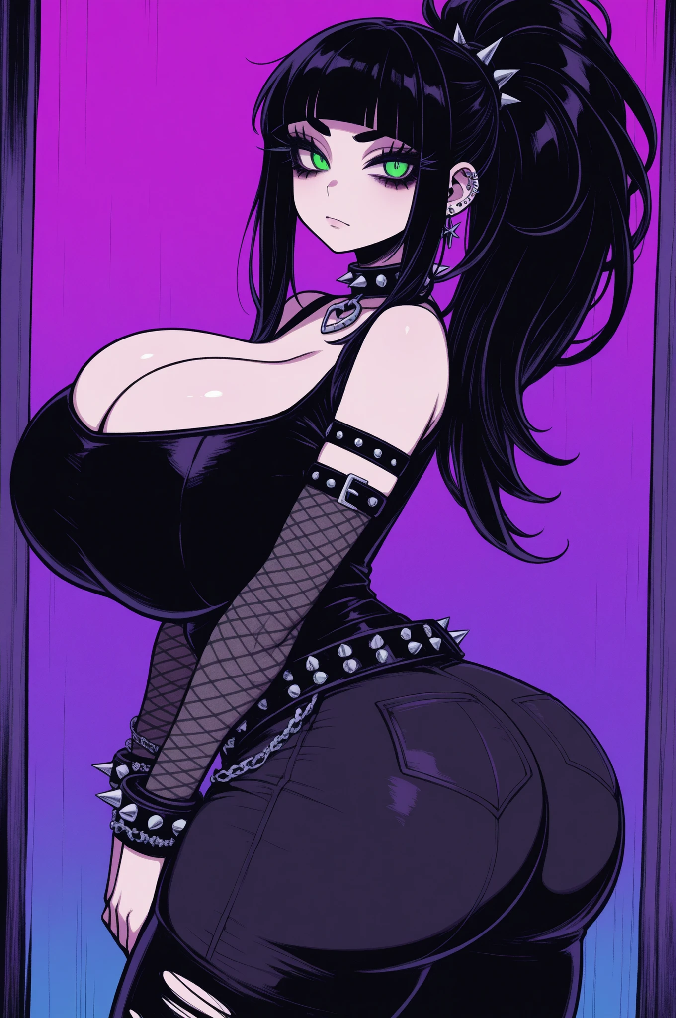 black hair, long ponytail, side locks, bangs, black eyeliner, long eyelashes, puffy lips, black eyebrows, spike collar, gigantic breasts, emerald green eyes, looking at viewer, sexy, cleavage,soft smile, ((punk style, gothic style)), jewelry, voluptuous, huge ass, ass focus, side angle view, Masterpiece, the best quality, amazing quality, very aesthetic, highly detailed,high resolution