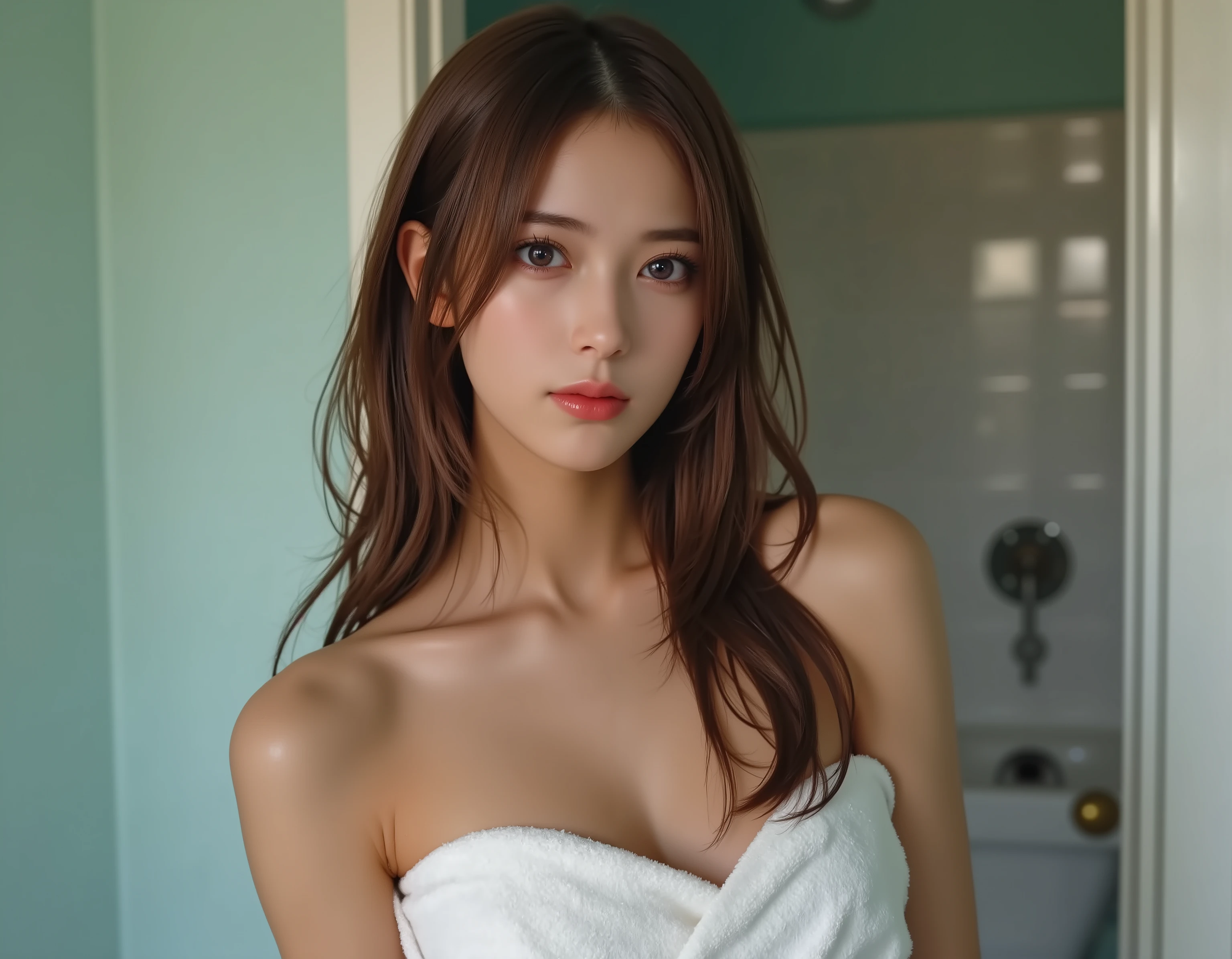 (((16K image))) 0-year-old brown-haired girl, long brunette hair, BIG BREASTS, she's in the bathroom, covering her chest with a towel, big boobs, wet hair, candid photo, Surrealistic, just finished a shower, Wet, wet, shower, Wet, towel wrapped around her body, Cover Her Breasts (((I can't see my nipples)))