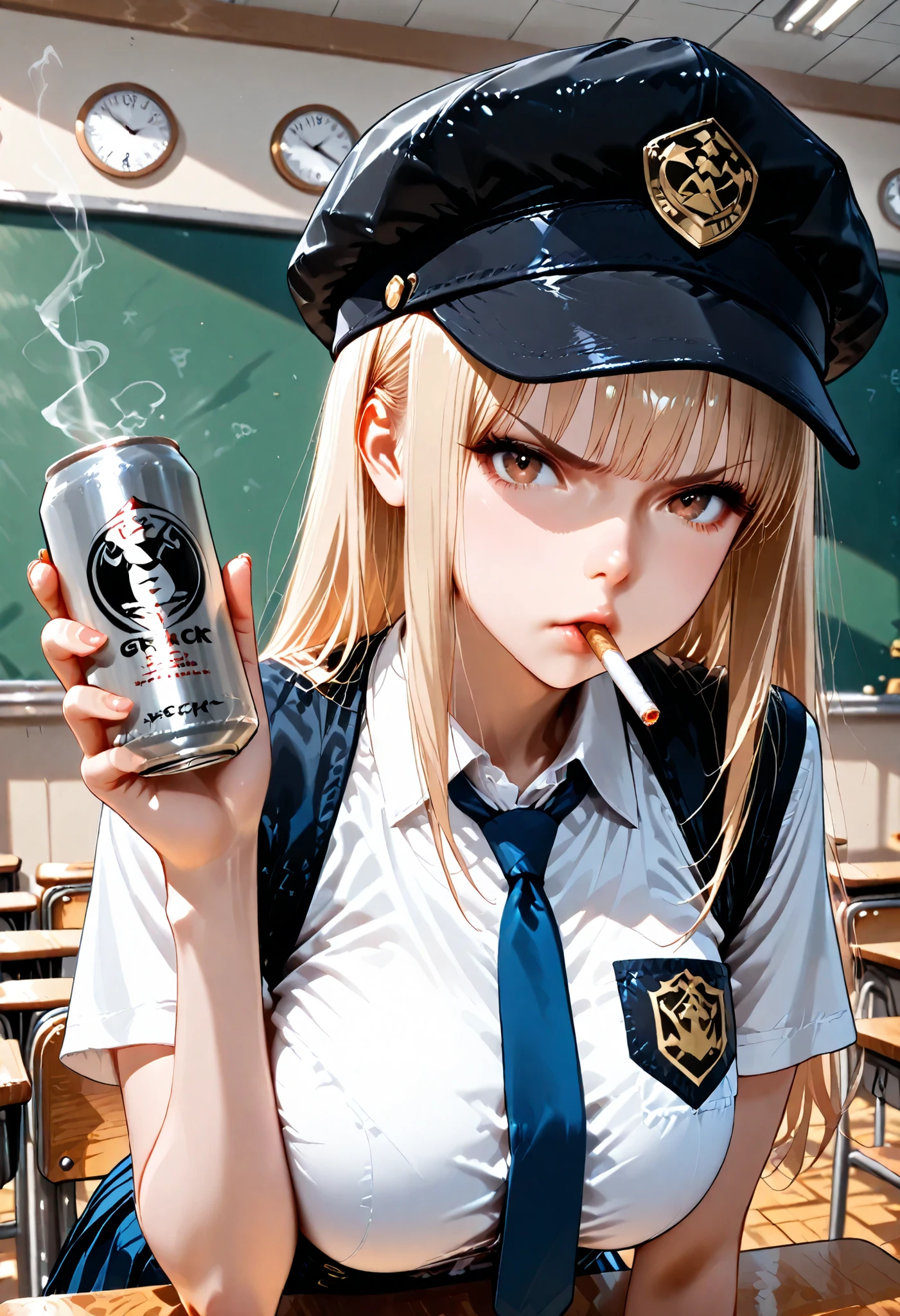(high quality, ultra high resolution, masterpiece, Super Detailed, 8k, fine-grained), Japanese High School Girls, soro, wearing a college student's black hat, long blonde hair, Boring bangs, beautiful character design wearing a college black horn hat, perfect contrast, beautiful faces, expressive eyes, brown eyes, Glaring, (Misaligned Uniforms, very realistic face, patches and pins, loose tie), large breasts, crouches, Suck a cigarette, Can chuhai in hand, In the classroom