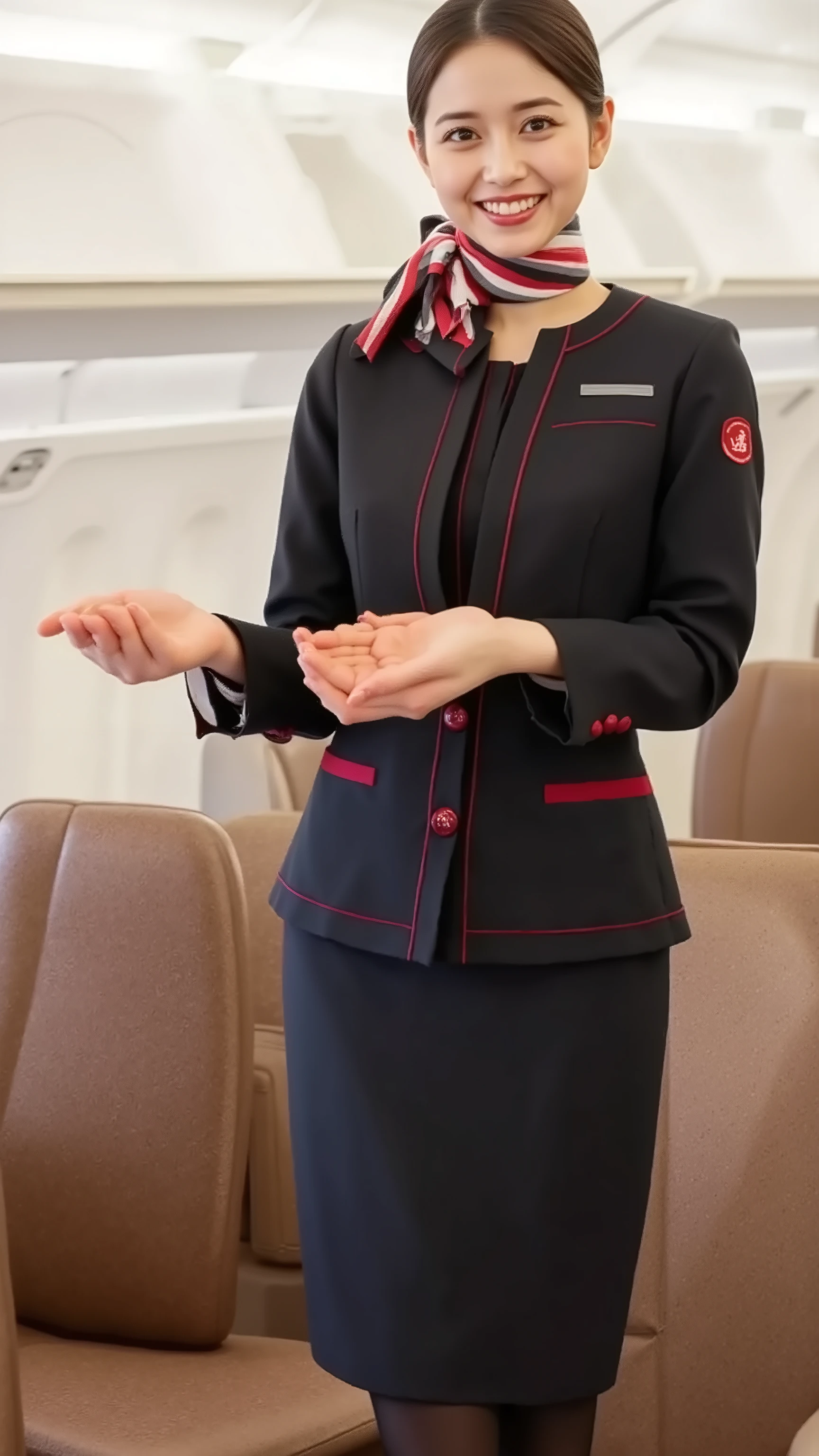 (highest quality:1.2), (award-winning:1.1), (8K), (ultra high resolution), (best quality), (tabletop),
(a beautiful woman wearing the JAL flight attendant uniform:1.1),
(dark navy one-piece uniform, close to black:1.1), (elbow-length sleeves with red piping), (thin red belt at the waist),
(a red, white, and black striped scarf around her neck:1.1), (black stockings), (black low-heeled pumps),
(she is standing gracefully:1.1), (the most beautiful smile looking at me:1.1),
elegantly tied brown hair at the back, (ultra-detailed beautiful eyes:1.1), (ultra high resolution, precise and beautiful hair:1.1), (accurate anatomy:1.2),
natural makeup, colored contact lenses, voluptuous bust, emphasizing her body line,
(in the airplane cabin:1.2), detailed airplane interior in the background, soft and warm lighting