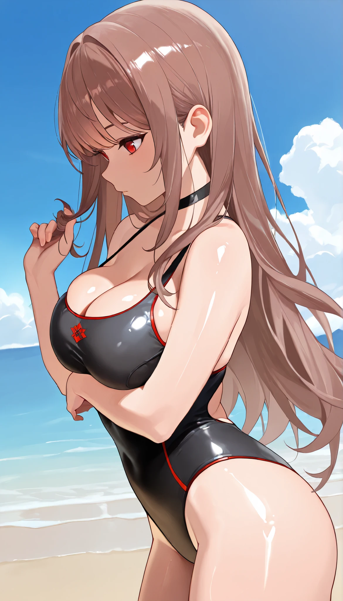 highres,absurdres,cowboy shot,1girl,solo,rrapiswim,red eyes,brown hair,long hair,bangs,black one-piece swimsuit,choker,shiny skin,cleavage,breasts,beach,blue sky,breasts squeezed together, arm under breasts,hand up,twirling hair,from side,