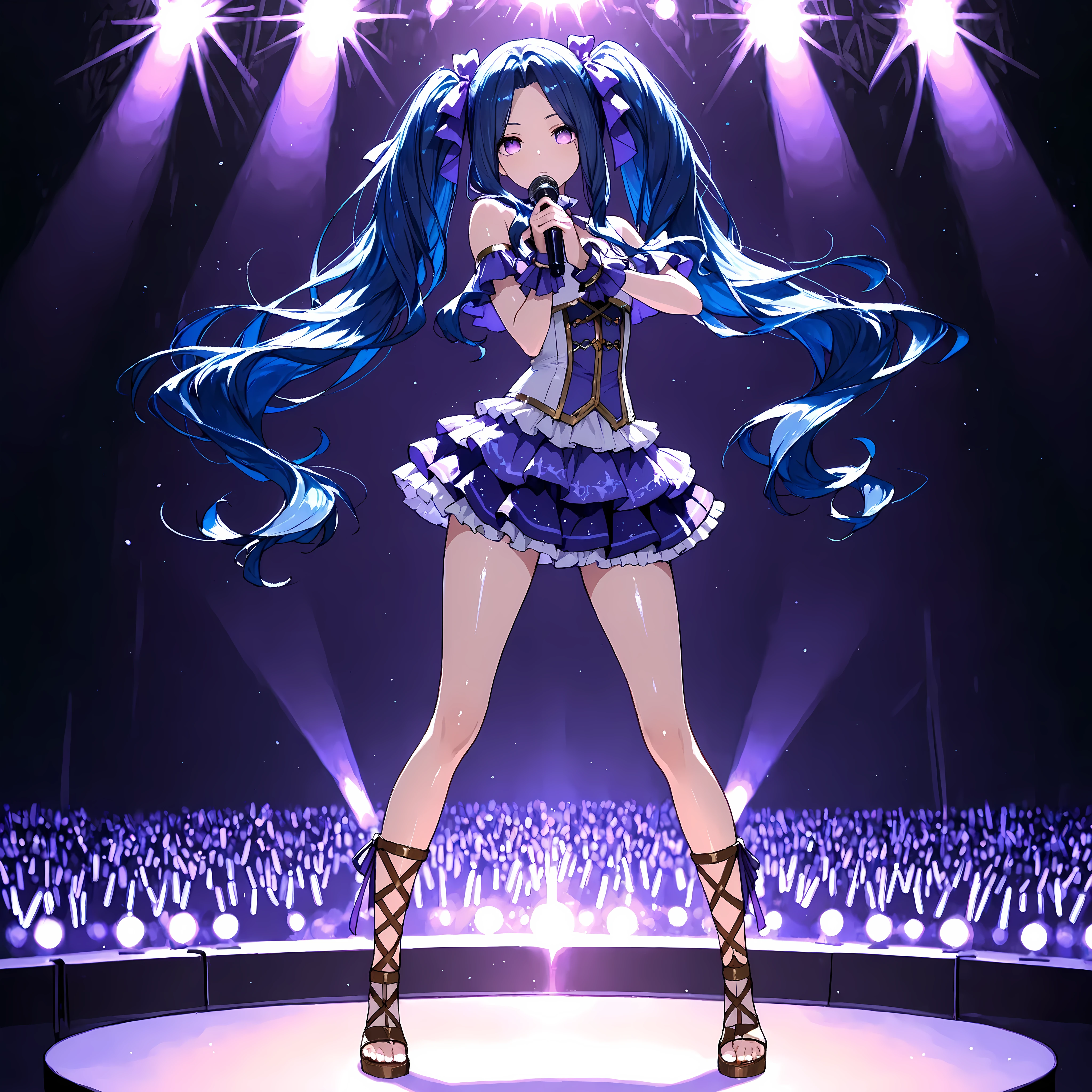 ultra detailed,High Quality, High Resolution ,High Definition,amazing quality,masterpiece,best quality,very aesthetic,absurdres,eyesHD,high gradient eyes,detailed eyes,high definition eyes,melty, long hair , ribbon , twintails , blue hair , purple eyes , hair ribbon , purple ribbon , parted bangs ,purple,shiny skin,standing on stage, band lights, wearing an idol short skirt, holding a microphone, dancing, Cool Pose,fullbody,Gladiator Sandals fantasy