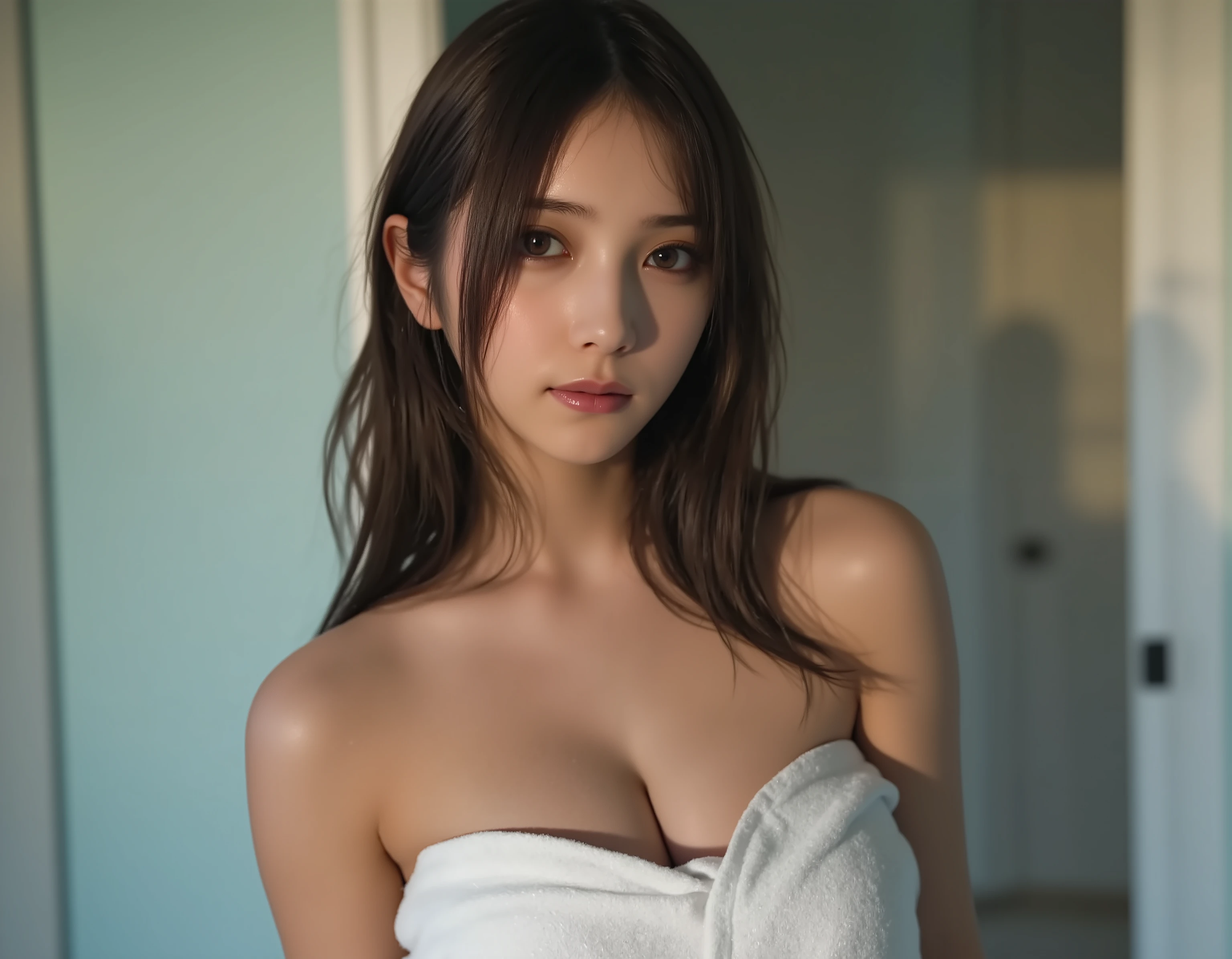 (((16K image))) 0-year-old brown-haired girl, long brunette hair, BIG BREASTS, she's in the bathroom, covering her chest with a towel, big boobs, wet hair, candid photo, Surrealistic, just finished a shower, Wet, wet, shower, Wet, towel wrapped around her body, Cover Her Breasts (((I can't see my nipples)))