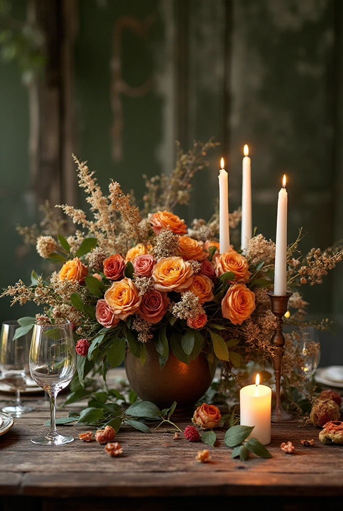 (Best quality, A high resolution, Masterpiece:1.2)French, Ultra-detailed, Amazingly beautiful table set, Delicate flower arrangement, Natural lighting, Golden candlelight, Soft and warm color palette, Inviting atmosphere, Homely, Simple and elegant, Harmonious composition, Meticulous attention to detail, subtletextures, Tastefully furnished, Translucent glassware, Delicious fresh fruit, Crystal clear water droplets on the fruit, Crispy and juicy, Refreshing, Lovely scent of flowers and fruits, Exquisite porcelain dinner plate, Smooth and glossy surface, Vintage silverware, Exquisite and gorgeous design, Romantic and cozy atmosphere, Relaxing and comfortable, serenity and calm, Healthy and inviting, Elegant pleats and curtains, Rich brown color, Subtle shadows and highlights, soft natural lighting, A soothing and peaceful atmosphere, A central ornament made of vibrant seasonal flowers, Delicate buds and flowers, a faint fragrance in the air, The petals are beautifully arranged, Soft and natural texture, A warm and inviting color palette, Authentic and rustic elements, Crimson wine, Crystal clear wine glasses, Bubbles that surface, Candlelight reflection, glittery, Cleavage is , Green leaves and green leaves, Add a touch of freshness and nature, Lovely contrast between greenery and fruit, Symbolizes abundance and vitality, A feast for the senses.in a panoramic view, deep colour, chiaroscuro, film grain, rococo style, 4K, 8K