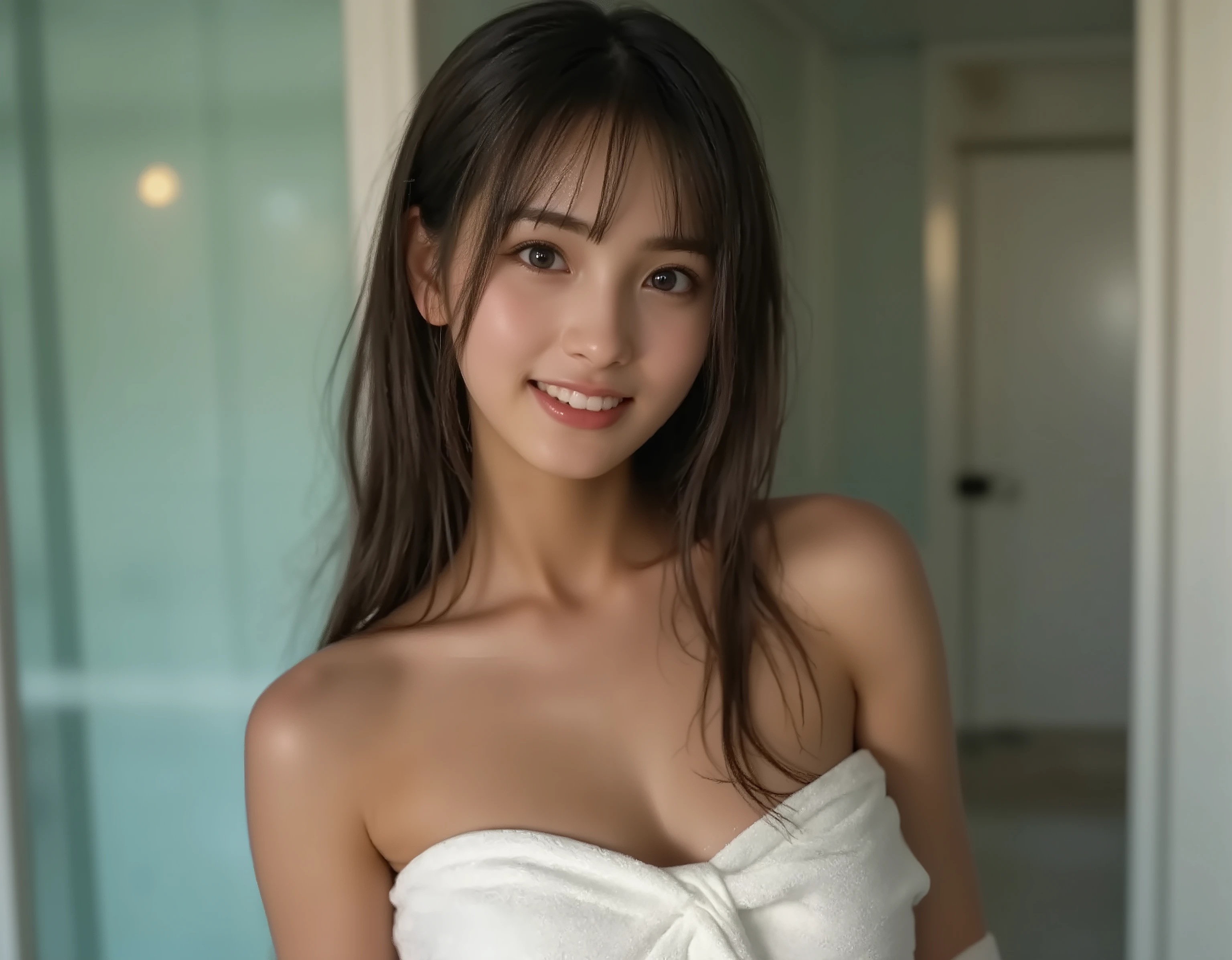 (((16K image))) 0-year-old brown-haired girl, long brunette hair, BIG BREASTS, she's in the bathroom, covering her chest with a towel, big boobs, wet hair, candid photo, Surrealistic, just finished a shower, Wet, wet, shower, Wet, towel wrapped around her body, Cover Her Breasts (((I can't see my nipples)))