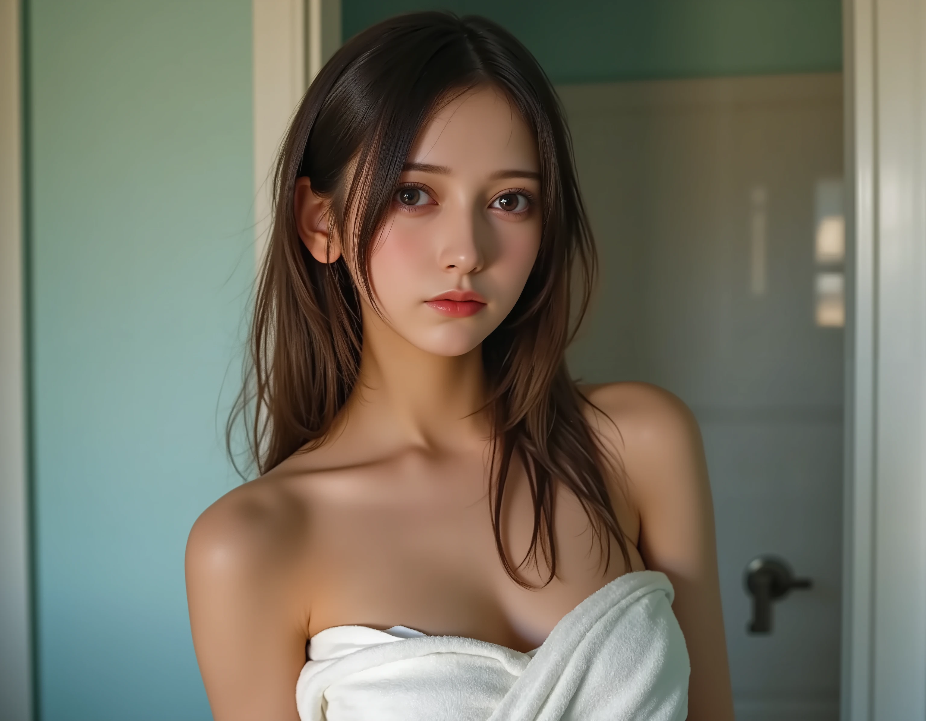 (((16K image))) 0-year-old brown-haired girl, long brunette hair, BIG BREASTS, she's in the bathroom, covering her chest with a towel, big boobs, wet hair, candid photo, Surrealistic, just finished a shower, Wet, wet, shower, Wet, towel wrapped around her body, Cover Her Breasts (((I can't see my nipples)))