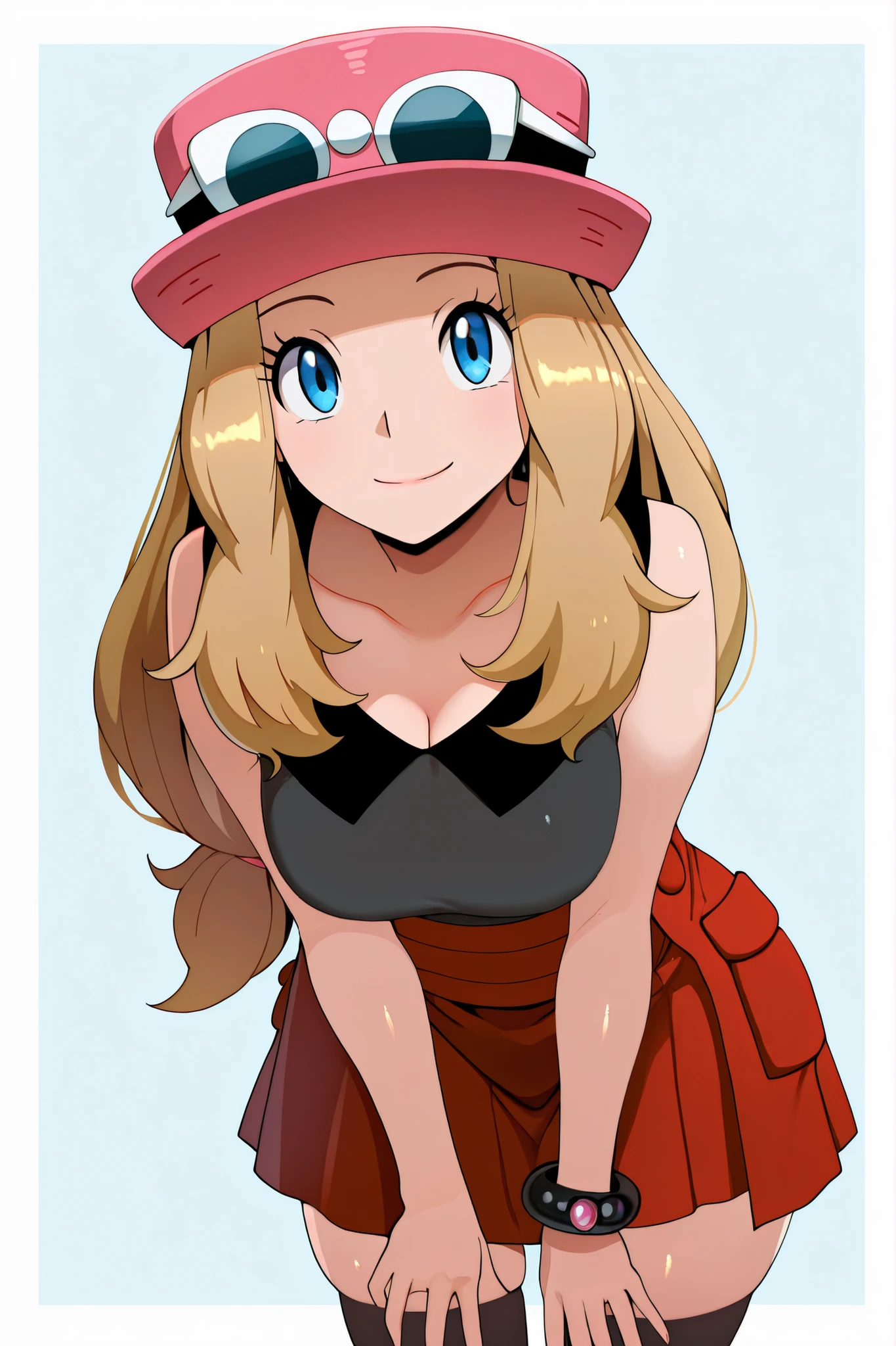 masterpiece, best quality, 1girl, solo, beautiful eyes, zzSerena, solo, long hair, blue eyes, eyewear on headwear, pink headwear, eyelashes, sleeveless shirt, black shirt, bracelet, high-waist skirt, red skirt, black thighhighs, cowboy shot, leaning forward, smile, looking at viewer, shiny skin, cleavage