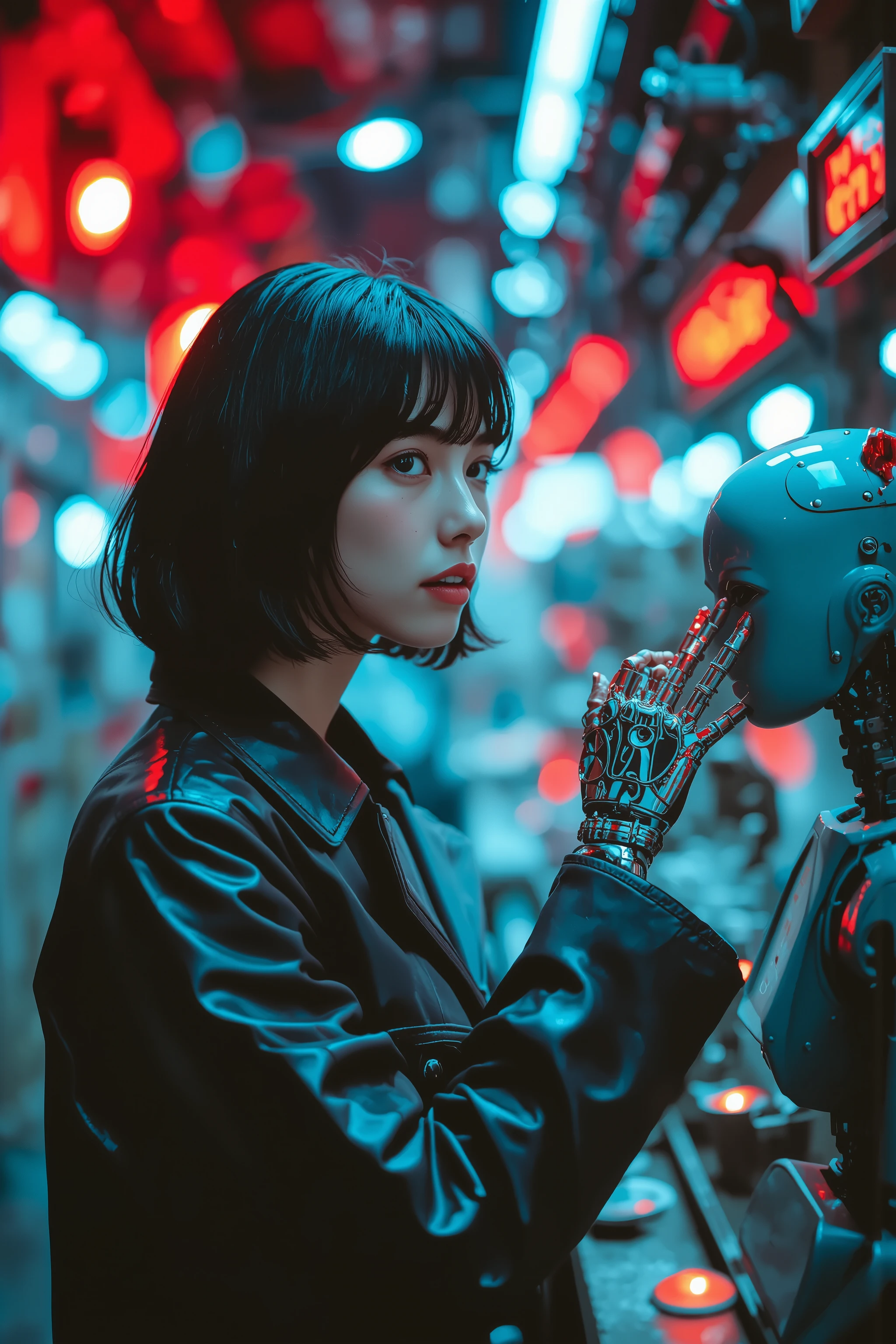 The blurry red alarm lights，Color tone is a cool blue、Dark blue is the main，in a humid environment。Visible smoke in the air，intense moisture，The light was cut into a clear beam of light。On the left is a female artificial human，tall and slender like a model，wearing a heavy leather black trench coat，with a metal mechanical neck and arms，The background is a blurry future New York streetscape。She leaned in and touched A robot on the production line，The hair edge is outlined by blue light。facial features are cold：, and the red of the warning light adorns it like blood {x} hers The long bob hairstyle looks cold in blue light {x} dark brown eyes look unusually deep in blue light，smooth skin，showing a non-human texture。body proportions are coordinated，The chest is small，The center of the image was created by a female。Her neck and arms have full metal prostheses，The red indicator light flashes at the interface，looms through the factory steam。and touched her face，The red warning light occasionally sweeps over her face，Instant blood-colored effect。The red warning light occasionally sweeps through her face，is covered by blue fog，only Sporadic neon lights penetrate the fog。camera tilted，The overall outline is divided by light and shadow。has strong color contrast：The main body is a cold blue tone，, and the red of the warning light is dotted like blood stains，She leaned over her face
