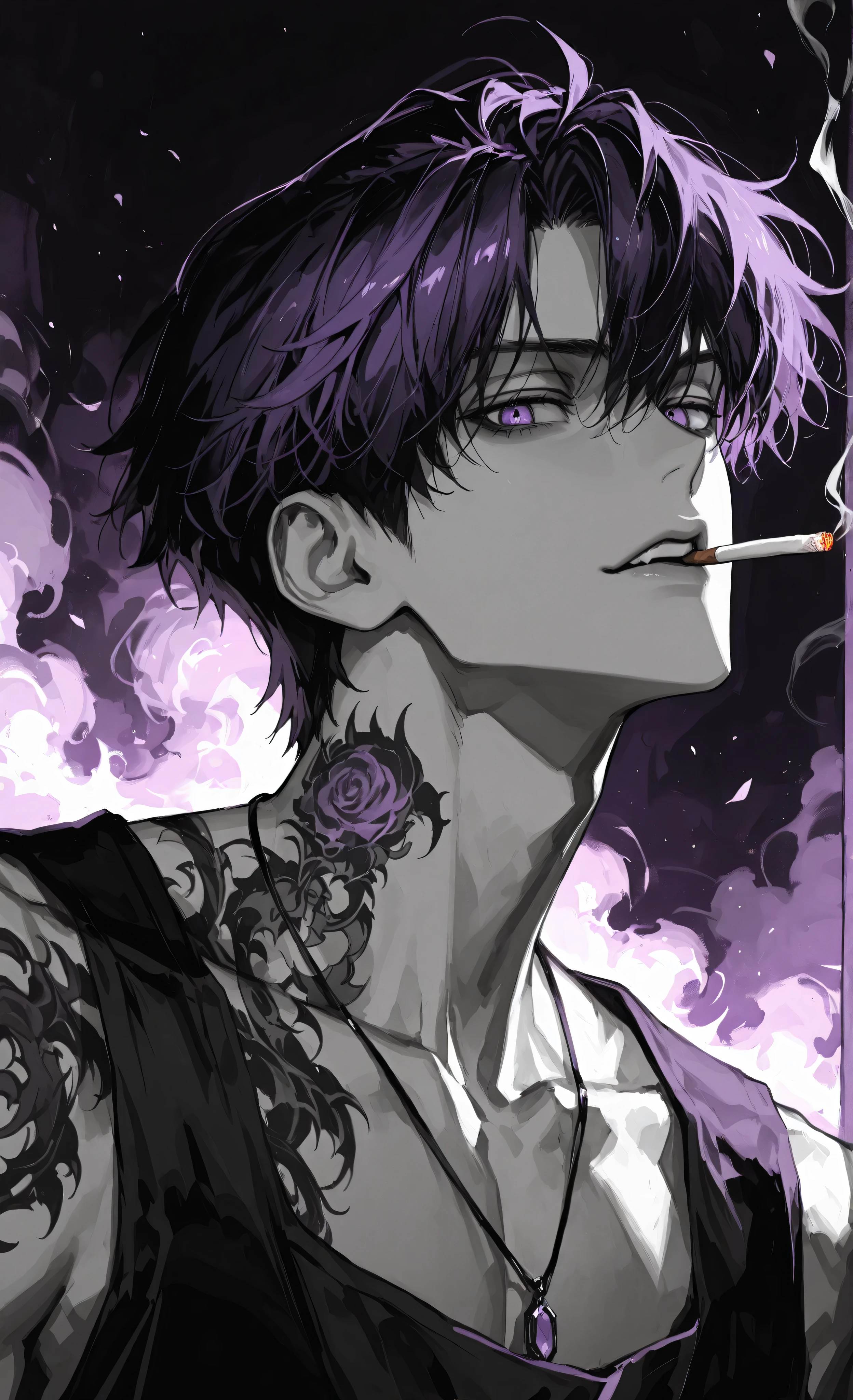 (a masterpiece:1.3, 8k:1.3, Highest quality:1.3, Detail:1.3, High resolution:1.3, digital painting, ultra detailed), highly detailed eyes and face, Details are clear, upper body, 3/4 view, detailed eyes, 8k, ultra-detailed), (anime style, dark fantasy, male focus, the emphasis on the face, detailed illustration, tattoos, intricate details, mysterious atmosphere, smirk, smoke, ethereal, captivating ambiance, soft shadows, dark fantasy, waist-, half-body, pendant, dark color palette, dark fantasy, male, tattoo, vibrant accents, cinematic lighting,  A stylized, grayscale in shades of black and purple portrait of a young, possibly Asian man in his late teens or early twenties, rendered in a manga or anime style. He's shown in a three-quarter profile view, looking slightly upwards and to his right with a serious, almost contemplative expression straight at the viewer. His hair is thick, dark, and tousled, framing his face. The man's facial features are sharp, with high cheekbones and a defined jawline. His eyes are detailed and expressive. There's a cigarette in my mouth. He has a broad-shouldered, fit. He's wearing no clothing, but the image suggests a simple garment, his shoulders and upper back are exposed. Circular, stitch-like For bites are visible on his upper back. The background is solid black, providing a stark contrast to the figure and emphasizing his form. The lighting is focused, casting shadows that add depth and definition to the character's features. The overall atmosphere is one of quiet intensity.