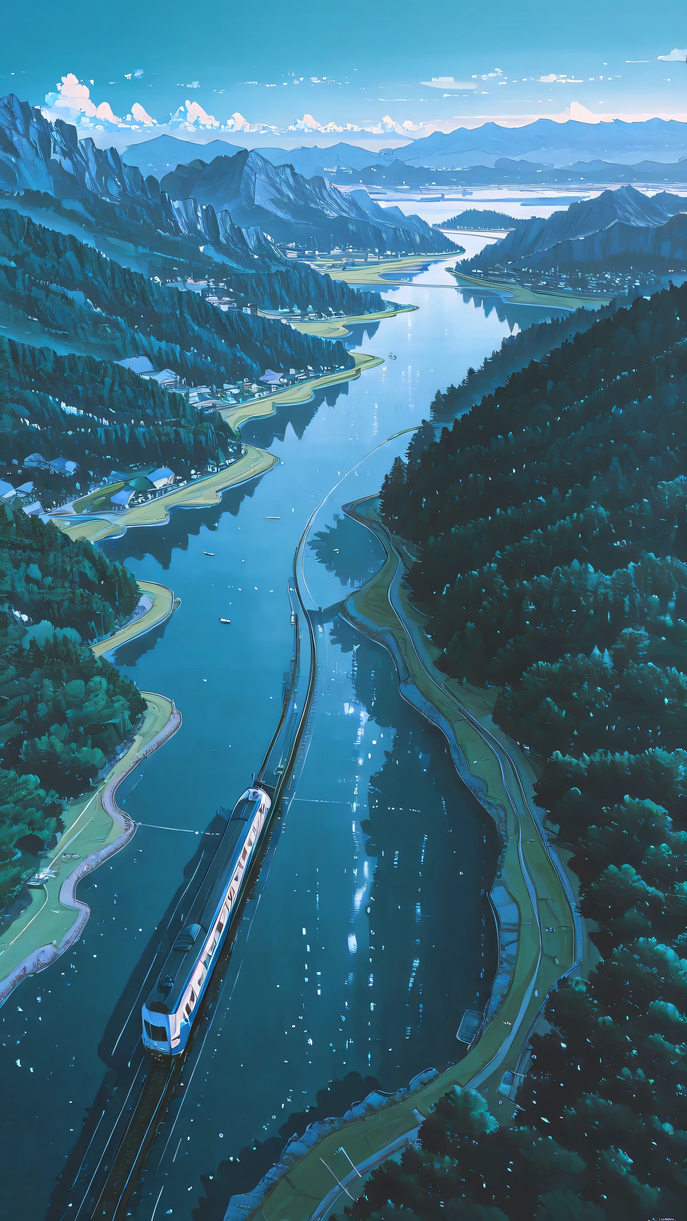 painting of a scenic view of a lake and mountains with a train, anime landscape, studio glibly makoto shinkai, makoto shinkai. —h 2160, style of makoto shinkai, blue sea. by makoto shinkai, beautiful anime scenery, detailed scenery —width 672, anime countryside landscape, anime scenery