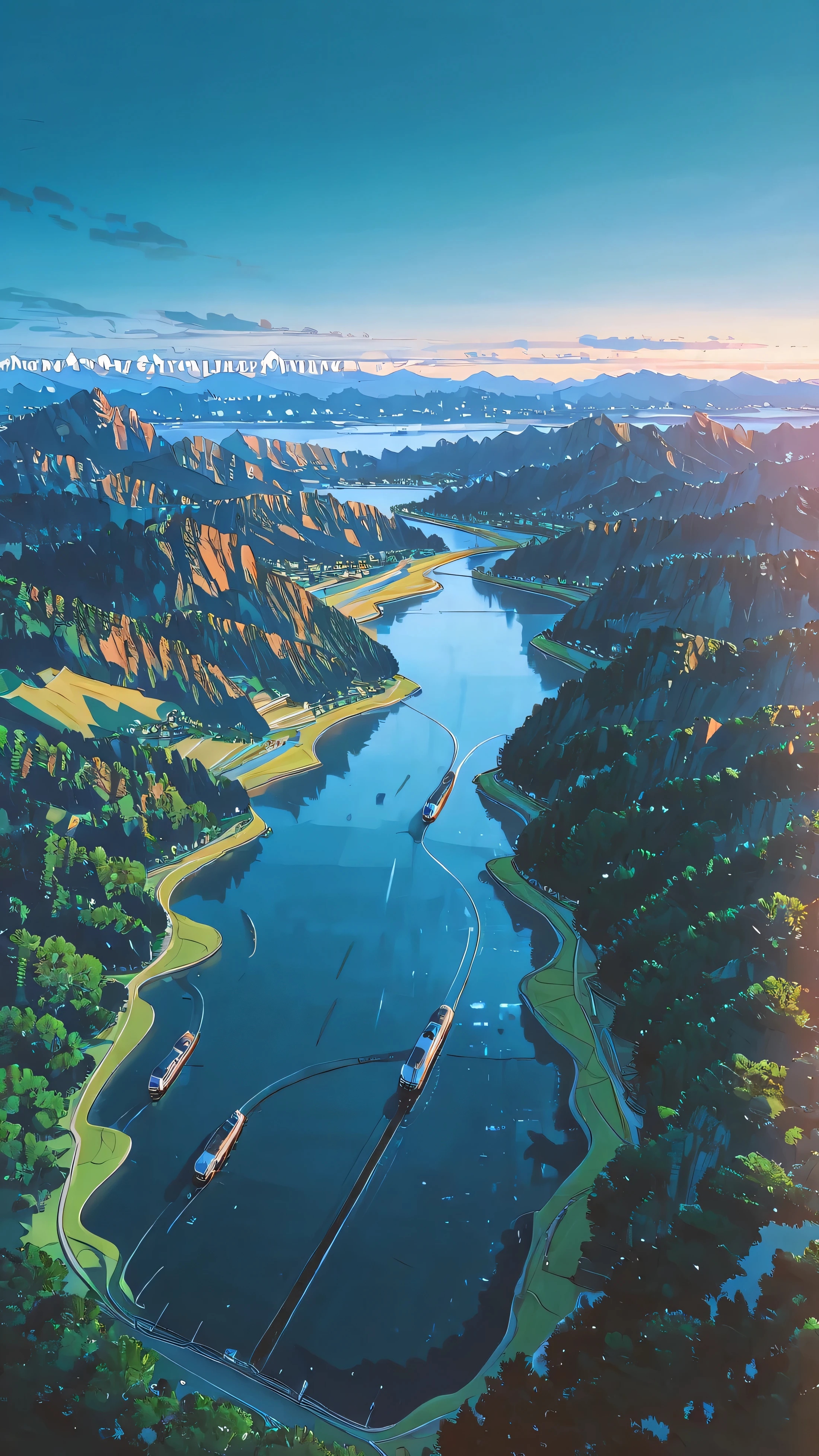 painting of a scenic view of a lake and mountains with a train, anime landscape, studio glibly makoto shinkai, makoto shinkai. —h 2160, style of makoto shinkai, blue sea. by makoto shinkai, beautiful anime scenery, detailed scenery —width 672, anime countryside landscape, anime scenery