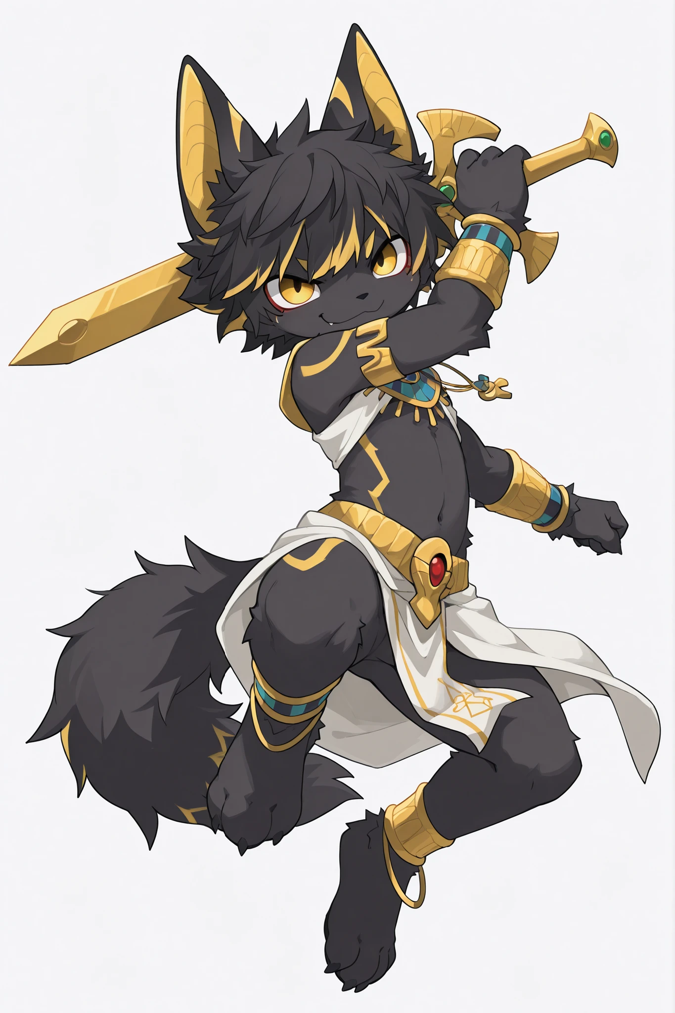 score_9, score_8_up, score_7_up, 1 Boy, solo, masterpiece, Highest Quality, that breaks between eyebrows High quality, very aesthetic, Ridiculous, sauce Furry, made by Hailey Jackal, ファーリーShota, Yellow Eyes, jackal ears, Jackal Tail , Jackal Characteristics, Black body hair, Dark Haired, messy bangs, disheveled hair, smile, adipose tissue, short body, closeup, ((Egyptian clothing, Lowcross , Egyptian Decor, Egyptian Bracelets, Egyptian Anklets)), cheek , smile, angry, full body, In addition to 3 fingered legs , white background, simple background, Fur, gold Egyptian sword, battle pose, dynamic, jumping,Dynamic,Shota, wield a sword,Front hanging cloth,