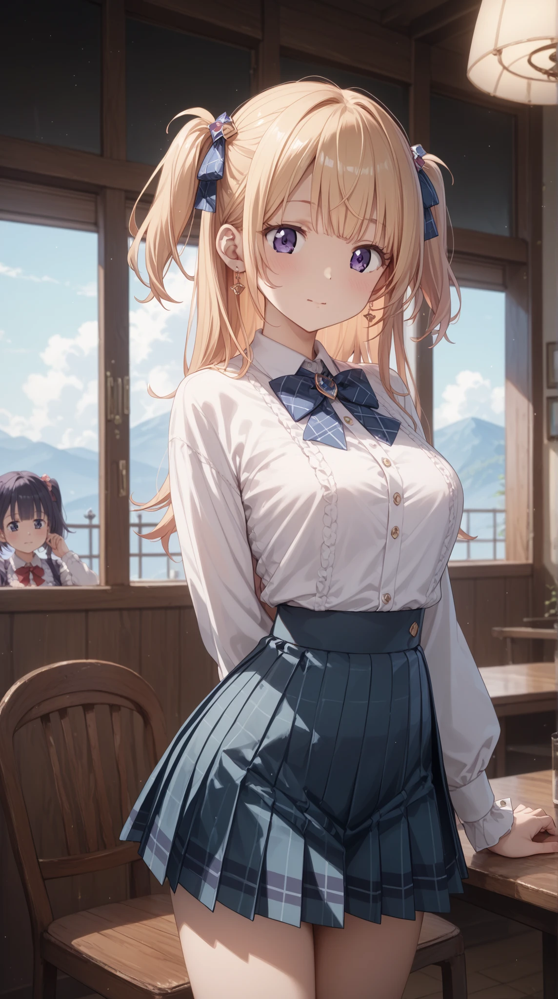 (masterpiece, Highest Quality, Highest Quality)、Photographic reality、ultra high definition、girls, idol costume、pleated skirt、slim hips、Thin tights, watching the audience winter、high resolution, Super Detailed、(blush、 stares fascinatingly )、(big boobs、 Crack)、((short double side up hairstyle))、(perfect anatomy)