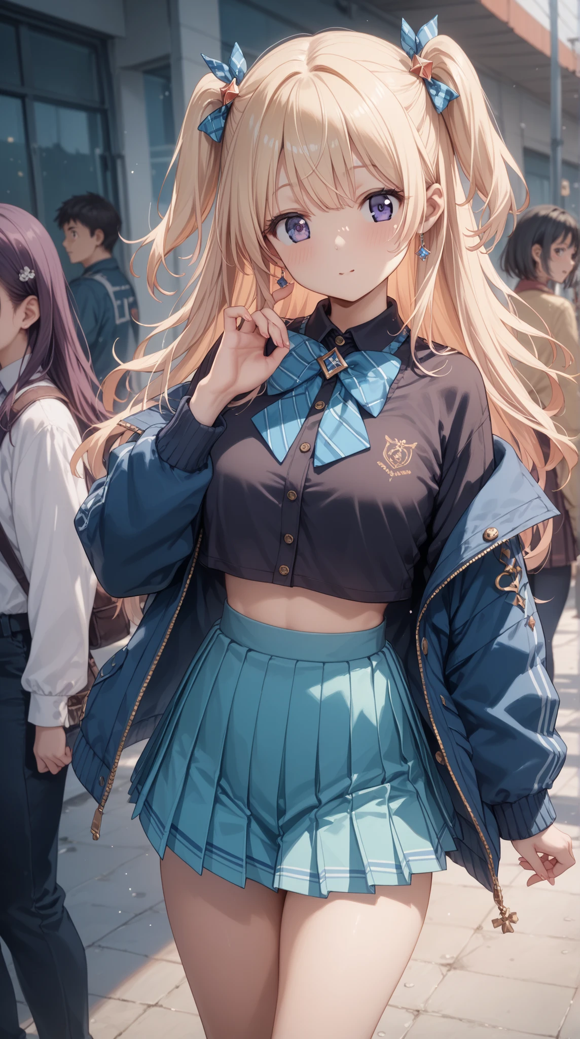 (masterpiece, Highest Quality, Highest Quality)、Photographic reality、ultra high definition、girls, idol costume、pleated skirt、slim hips、Thin tights, watching the audience winter、high resolution, Super Detailed、(blush、 stares fascinatingly )、(big 、 Crack)、((short double side up hairstyle))、(perfect )