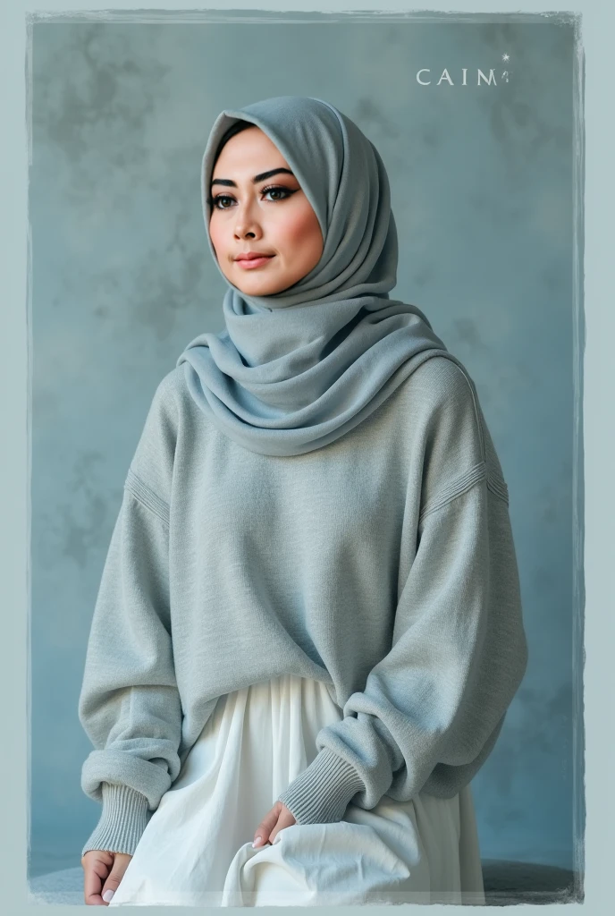 RAW, (Best quality, high resolution, work: 1.3), Beautiful Malay woman in hijab, perfect fit body, , Beautiful big eyes, Soft smile, beautiful face, slightly open mouth, thick thighs, beautiful , , beautiful big eyes , gentle smile, beautiful girl, detailed face, Muslim woman sitting on a chair in a blue sweater and white skirt, long skirt in cute pastel shades, wearing a long flowy fabric, casual pose, wearing casual clothes, very long pleated skirt, wearing casual clothing, white hijab , with a beautiful look Beautiful, perfect lighting, 8k
