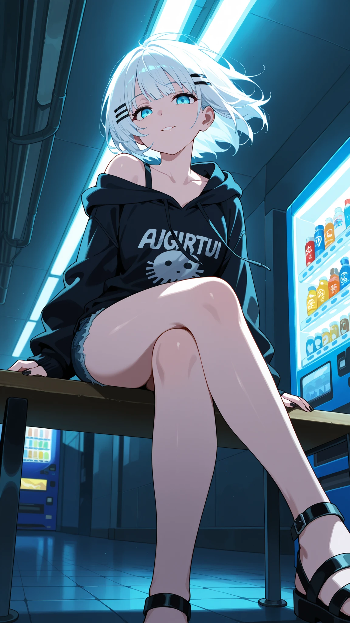 BREAK (masterpiece:1.2),Anime-style Japanese convenience store at night, fluorescent lights glowing inside, vending machines standing near the entrance, soft reflections on the pavement. Quiet street around, simple and cozy atmosphere, highly detailed illustration,siesta, short hair, bangs, blue eyes, hair ornament, white hair, hairclip,oversized hoodie with cute print, denim shorts,soft messy hair glowing under fluorescent lights, casual and pretty,looking at viewer,cowboy shot,wide-angel,seductive expression,seductive pose,floating hair,happy,bare shoulder,bent over,black nails,sitting gracefully, seductive pose, crossed legs, slightly arched back, soft gaze, detailed curves, elegant clothing, smooth lighting, high detail, 4k illustration,sexy sandals,focus on feet,from below,sitting on bench 