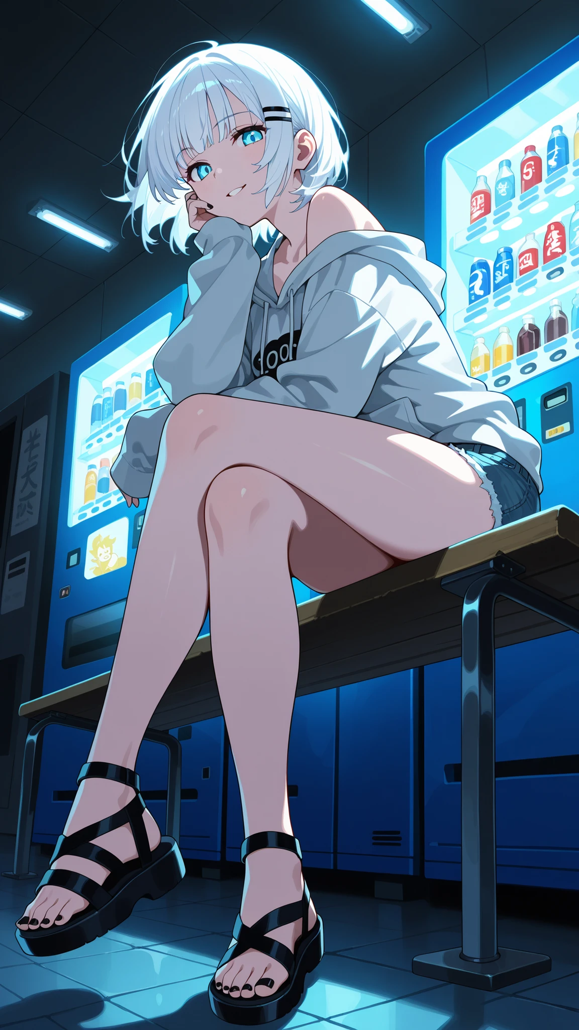 BREAK (masterpiece:1.2),Anime-style Japanese convenience store at night, fluorescent lights glowing inside, vending machines standing near the entrance, soft reflections on the pavement. Quiet street around, simple and cozy atmosphere, highly detailed illustration,siesta, short hair, bangs, blue eyes, hair ornament, white hair, hairclip,oversized hoodie with cute print, denim shorts,soft messy hair glowing under fluorescent lights, casual and pretty,looking at viewer,cowboy shot,wide-angel,seductive expression,seductive pose,floating hair,happy,bare shoulder,bent over,black nails,sitting gracefully, seductive pose, crossed legs, slightly arched back, soft gaze, detailed curves, elegant clothing, smooth lighting, high detail, 4k illustration,sexy sandals,focus on feet,from below,sitting on bench
