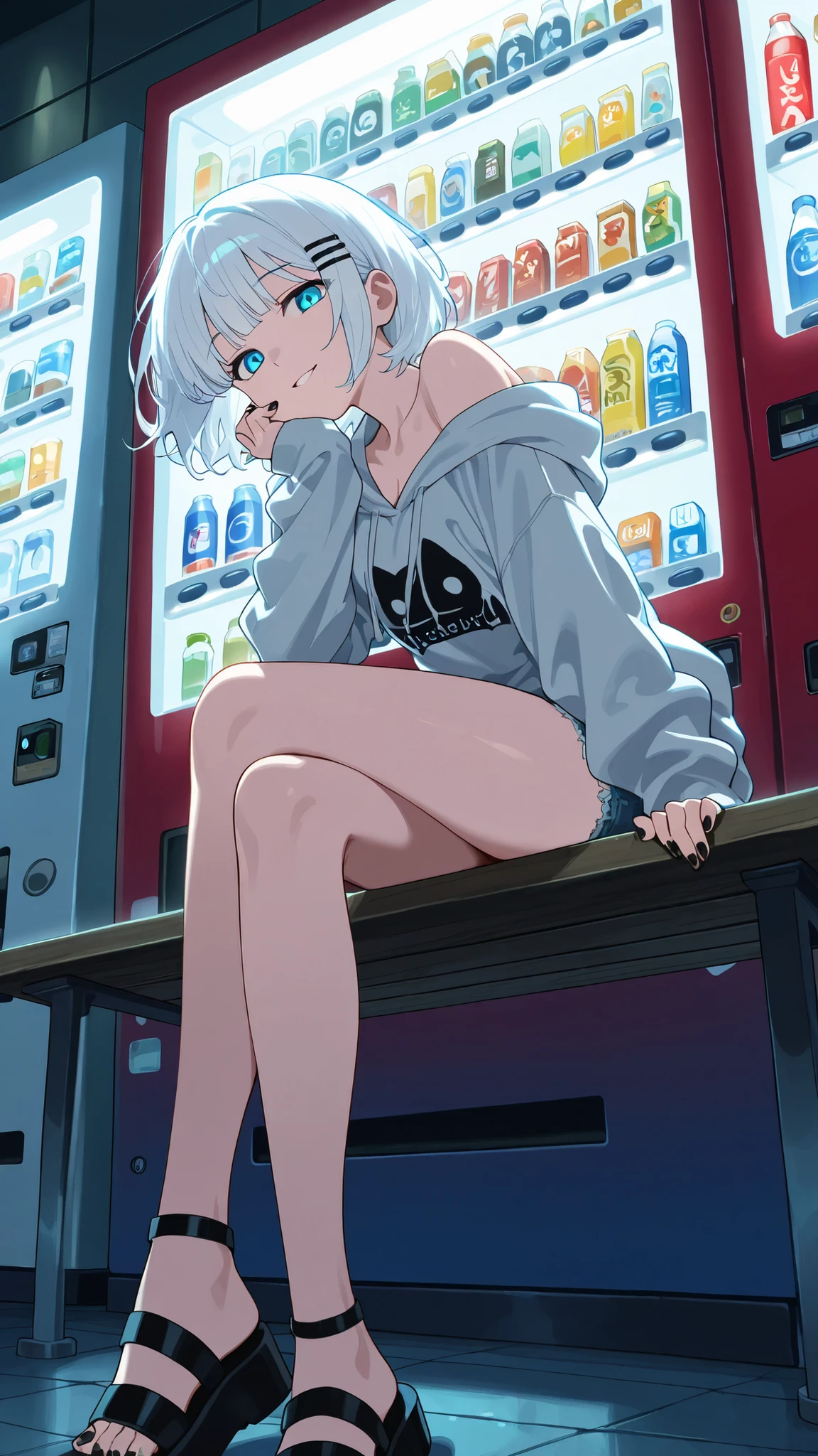 BREAK (masterpiece:1.2),Anime-style Japanese convenience store at night, fluorescent lights glowing inside, vending machines standing near the entrance, soft reflections on the pavement. Quiet street around, simple and cozy atmosphere, highly detailed illustration,siesta, short hair, bangs, blue eyes, hair ornament, white hair, hairclip,oversized hoodie with cute print, denim shorts,soft messy hair glowing under fluorescent lights, casual and pretty,looking at viewer,cowboy shot,wide-angel,seductive expression,seductive pose,floating hair,happy,bare shoulder,bent over,black nails,sitting gracefully, seductive pose, crossed legs, slightly arched back, soft gaze, detailed curves, elegant clothing, smooth lighting, high detail, 4k illustration,sexy sandals,focus on feet,from below,sitting on bench 