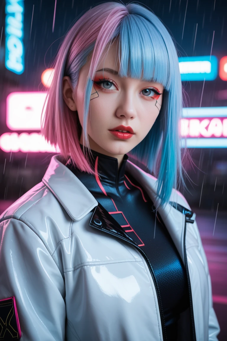 Close up of woman with neon hair and futuristic outfit, dreamy cyberpunk girl, Cyberpunk art style, Bright cyberpunk glow, Beautiful cyberpunk girl face, cyberpunk girl portrait, digital cyberpunk animation art, Cyberpunk Vibrant Colors, cyberpunk art style, Digital Cyberpunk - Animation Art, cyberpunk atmosphere, Cyberpunk-themed art, glowwave girl portrait, cyberpunk anime girl, cyberpunk beautiful girl