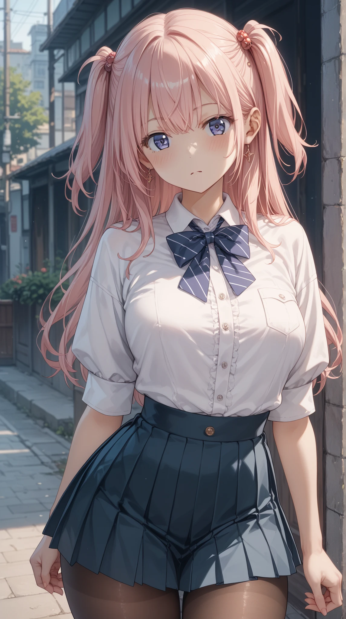 (masterpiece, Highest Quality, Highest Quality)、Photographic reality、ultra high definition、girls, costume、pleated skirt、tight waist、thin thighs、slim hips、Thin tights, staring at the viewer、high resolution, Super Detailed、(blush、 stares fascinatingly )、(big 、 Crack)、((short double side up hairstyle))、(perfect )