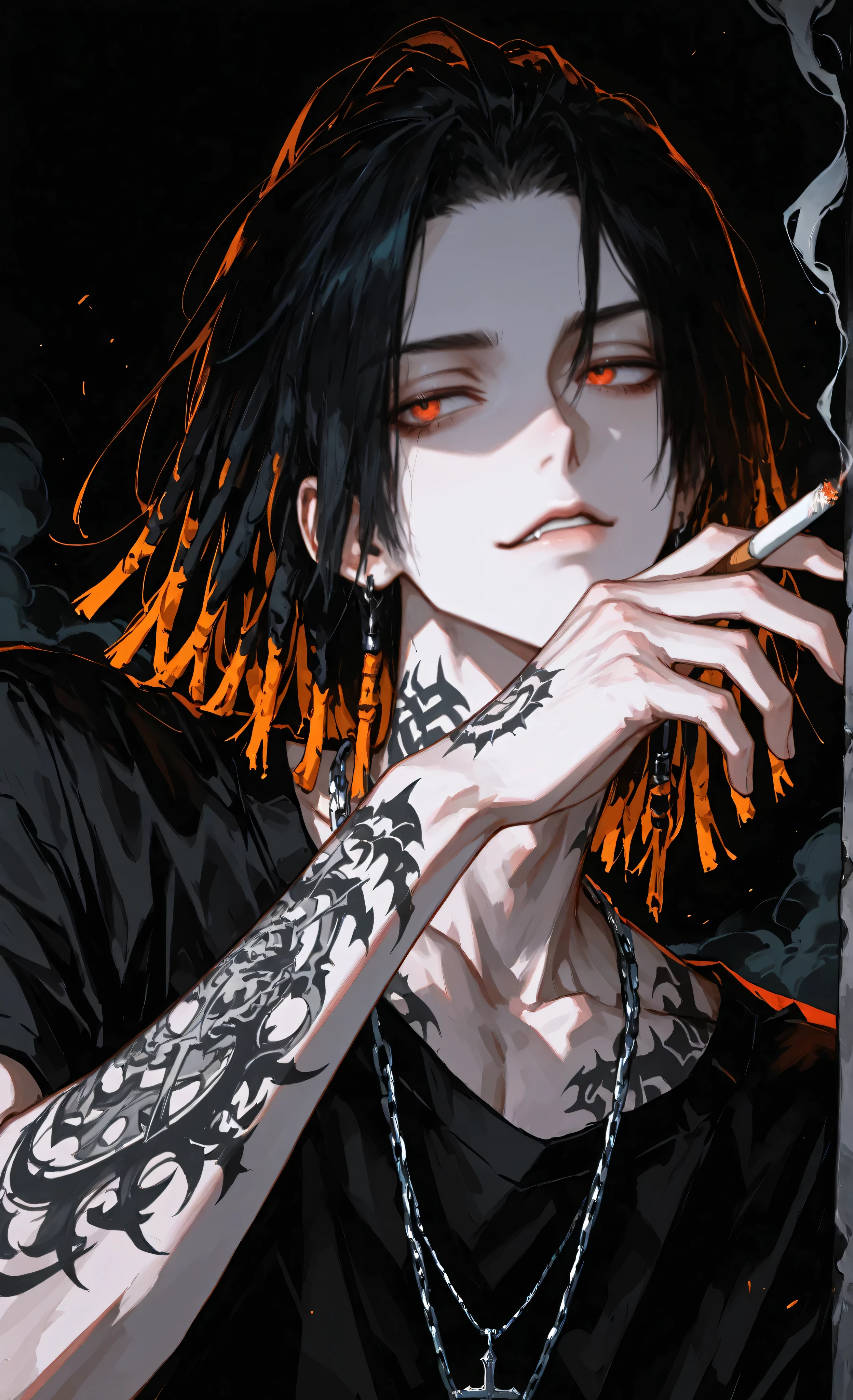 (a masterpiece:1.3, 8k:1.3, Highest quality:1.3, Detail:1.3, High resolution:1.3, digital painting, ultra detailed), highly detailed eyes and face, Details are clear, upper body, 3/4 view, detailed eyes, 8k, ultra-detailed), (anime style, dark fantasy, male focus, the emphasis on the face, detailed illustration, tattoos, intricate details, mysterious atmosphere, smirk, smoke, ethereal, captivating ambiance, soft shadows, dark fantasy, waist-, half-body, pendant, dark color palette, dark fantasy, male, tattoo, vibrant accents, cinematic lighting), a pale young man (18-20 years old), 1 pale-skinned young male , rebellious expression with a slight smirk, There's a cigarette in my mouthr. His eyes are solid white and glowing. He has dreadlocks with subtle gold highlights . Wearing a simple black t-shirt and a silver chain necklace with a cross pendant . His right arm is adorned with intricate tribal-style tattoos . Monochrome color scheme , using stark blacks , whites , and grays . Close-up , portrait-style shot from the chest up against a plain dark background . Stylized , manga-inspired artwork .