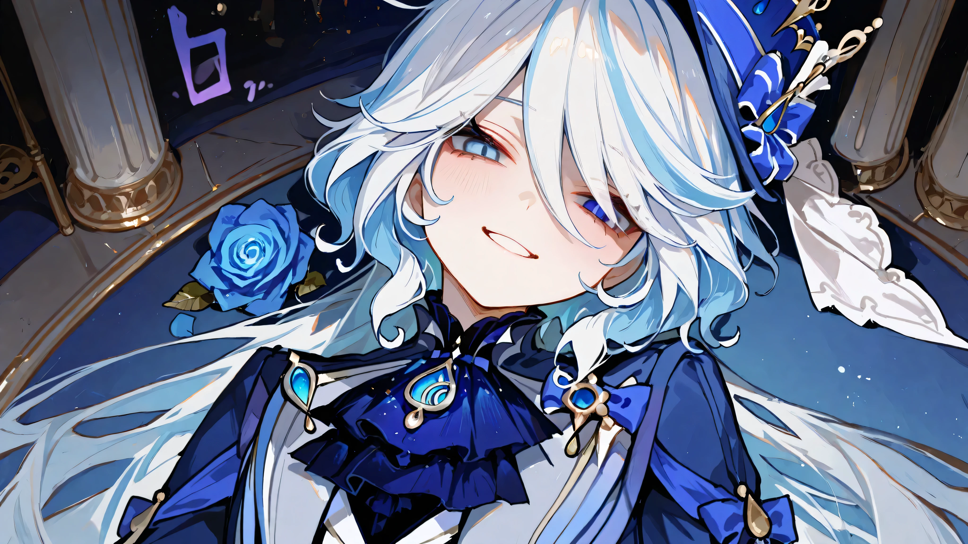 Masterpiece, high-quality photo shoot, 1 Furina girl from Genshin Impact, bright eyes bearing scornful glances, scary yandere smile with menacing facial expression, white and blue royal dresses, elegant long layered dresses with intricate details, jewelry details, lavish scenery in the palace, Strong Contrast Colors , dramatic light with deep darkness, ghostly light effect, blue roses scattered around, high detail anime style, medium frame, loli, small girl, small body, half body