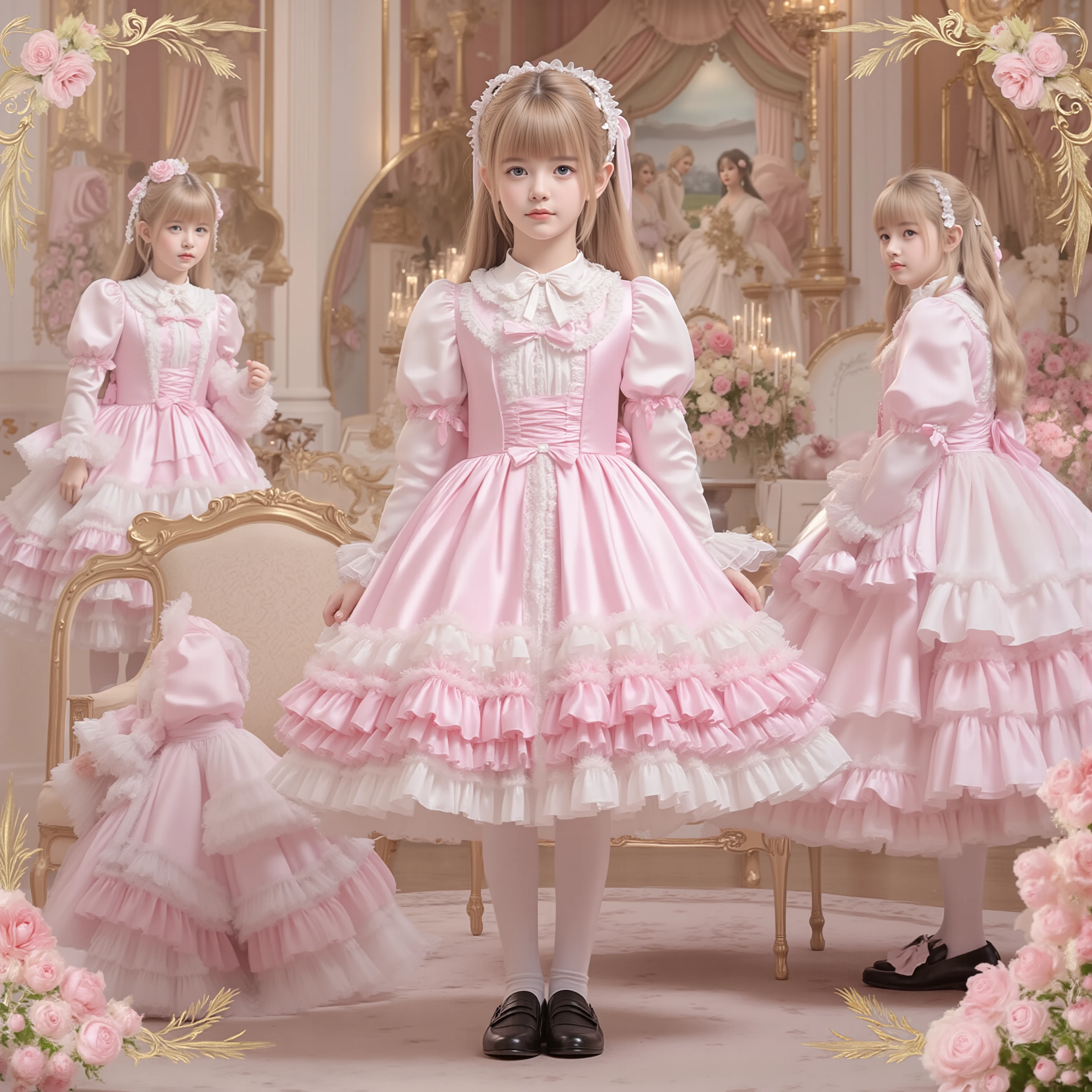 (( Distant Scenery,realistic,full body,standing:1.2)),Highest Quality, masterpiece, highest resolution, super それにget used to it, many get used to it, get used to it, それにget used to it, 3 photos ,,,. ((10 year old European girl,blonde long hair,blue eyes:1.0)),Get used to a super thin young face,lovely smile,baby-like face,ultra high resolution, complicated details, Back hair tied with a ribbon,smile,pastel-colored silk satin dress cutely adorned with ruffles and ribbons, (round large ruffle collar,bow tie,long sleeve, ruffle sleeve ,White Ruffle Blouse,Ruffle placket, ruffles are cute ,frill skirt,Very Elaborate Costume:1.3),(medium skirt,short balloon skirt)),long black socks with ruffles,black loafers,small breasts,detailed background,