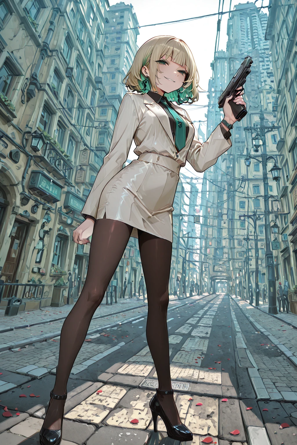 Wind-element woman, glittering glass, long straight silver hair, headband, parted hair, light blue-green dress, orange scarf, countless clock towers, jets of flames, long green tights, pale green light, anemone flowers scattered throughout, steel parts, dynamic movements, clear, hazy early morning