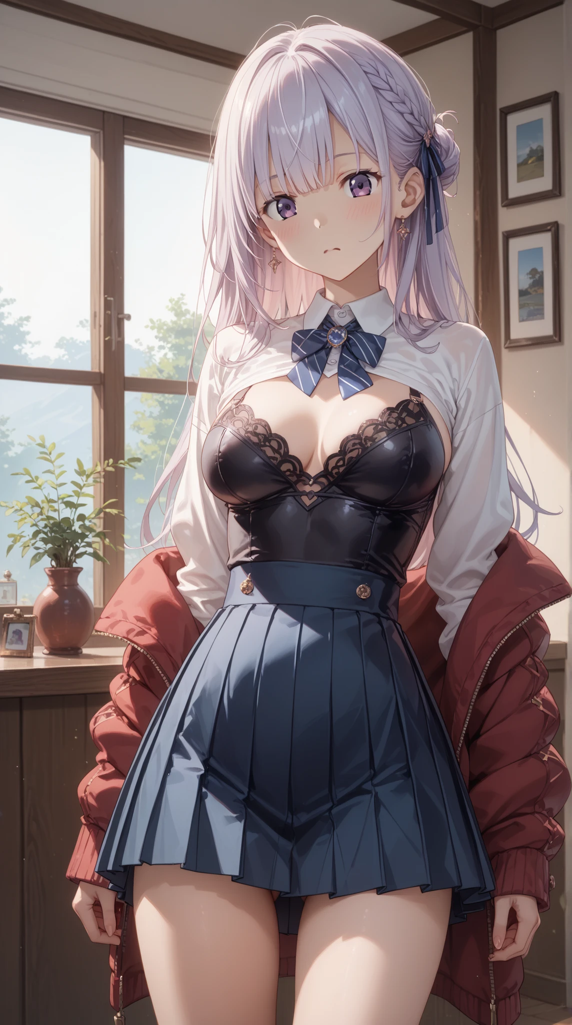 (masterpiece, Highest Quality, Highest Quality)、Photographic reality、ultra high definition、girls, sexy costume、pleated skirt、((Tight Waist、thin thighs、slim hips)), Thin tights, staring at the viewer、high resolution, Super Detailed、(blush、 stares fascinatingly )、(big boobs、 Crack)、((wonderful hairstyle))、(perfect anatomy)