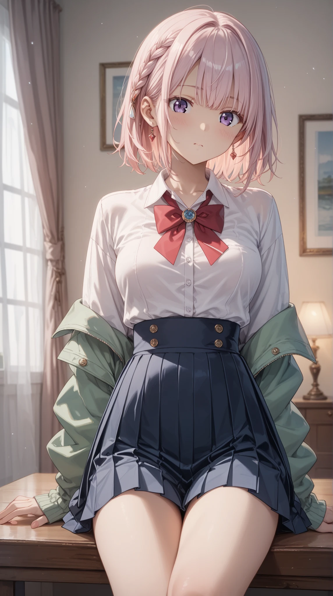 (masterpiece, Highest Quality, Highest Quality)、Photographic reality、ultra high definition、girls, sexy costume、pleated skirt、((Tight Waist、thin thighs、slim hips)), Thin tights, staring at the viewer、high resolution, Super Detailed、(blush、 stares fascinatingly )、(big boobs、 Crack)、((wonderful hairstyle))、(perfect anatomy)