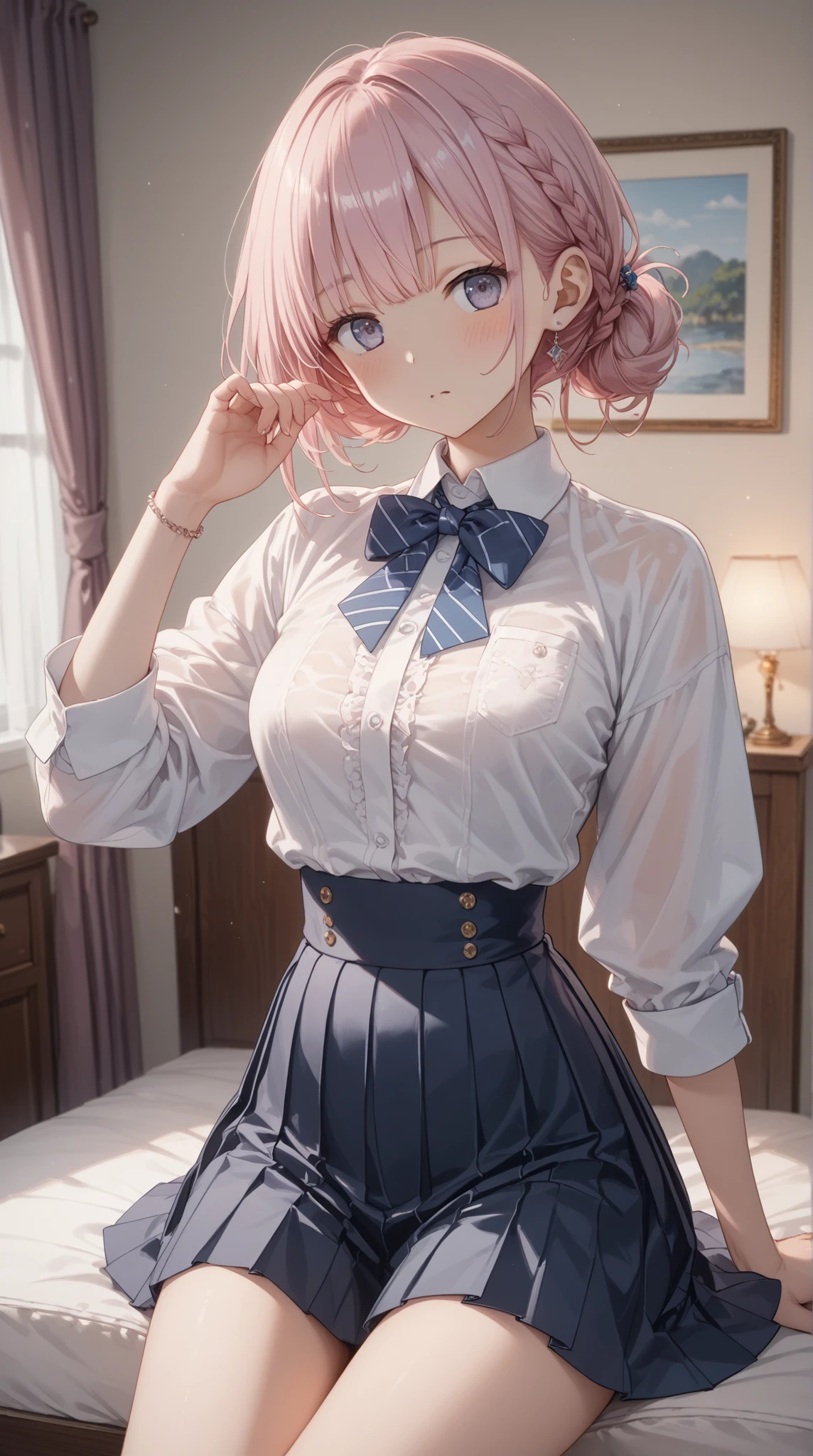 (masterpiece, Highest Quality, Highest Quality)、Photographic reality、ultra high definition、girls, costume、pleated skirt、((Tight Waist、thin thighs、slim )), Thin tights, staring at the viewer、high resolution, Super Detailed、(blush、 stares fascinatingly )、(big 、 Crack)、((wonderful hairstyle))、(perfect )