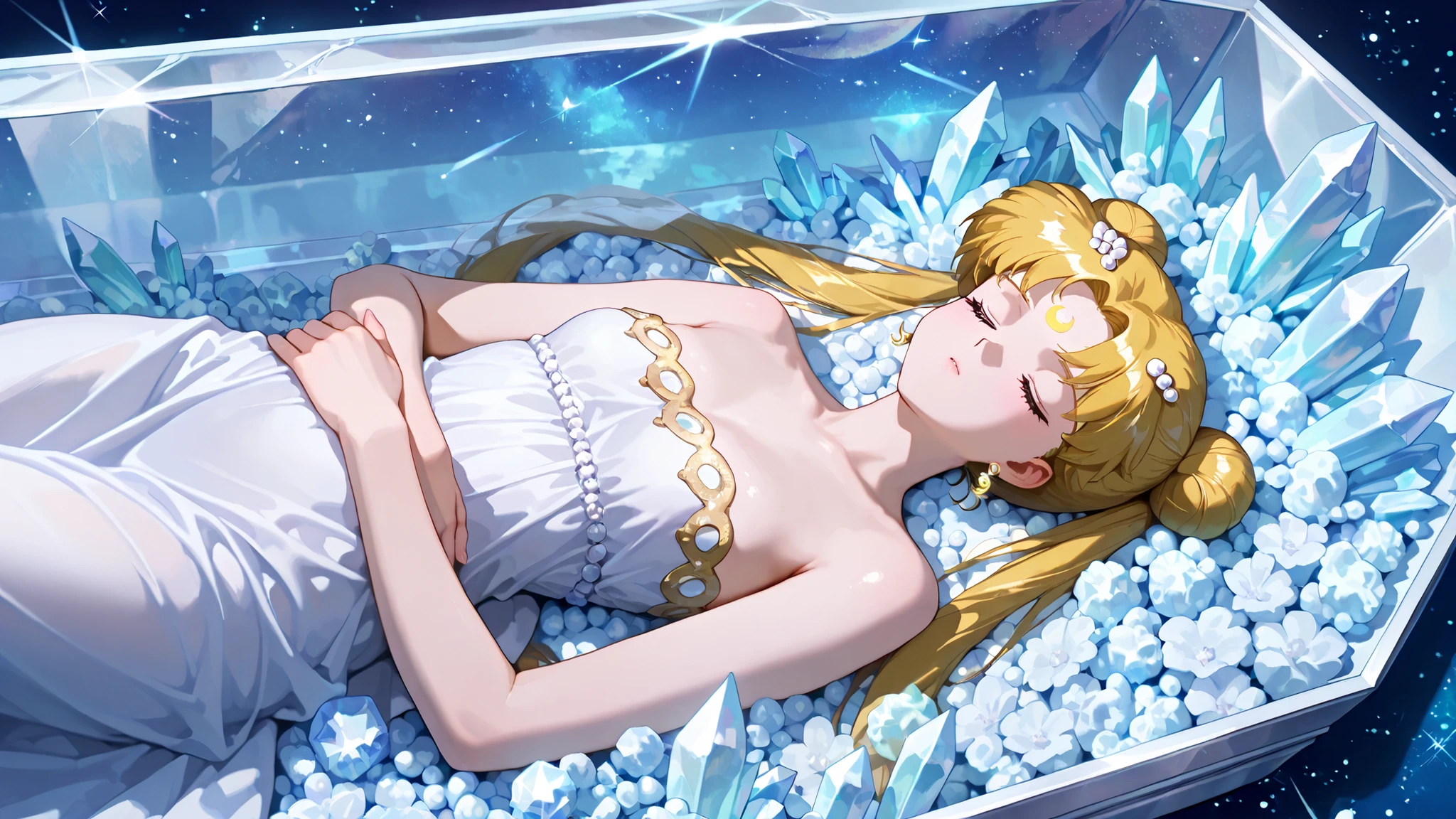 masterpiece, amazing quality, best quality, ultra-detailed, 8K, illustration, clear skin, ultra-detailed-eyes, soft skin, very awa, very as2, soft body, 1990s \(style\), official art, usagi tsukino, blonde hair, double bun, hair bun, long hair, twintails, parted bangs, small breasts, mature woman,solo,facial mark,crescent facial mark,closed eyes,forehead mark,dress,hair ornament,white dress,jewelry,bare shoulders,strapless dress,earrings,strapless,neck,white theme,lies on back,night, crystal coffin, like a dead,lies quietly, glass cover coffin, closed arms, from above