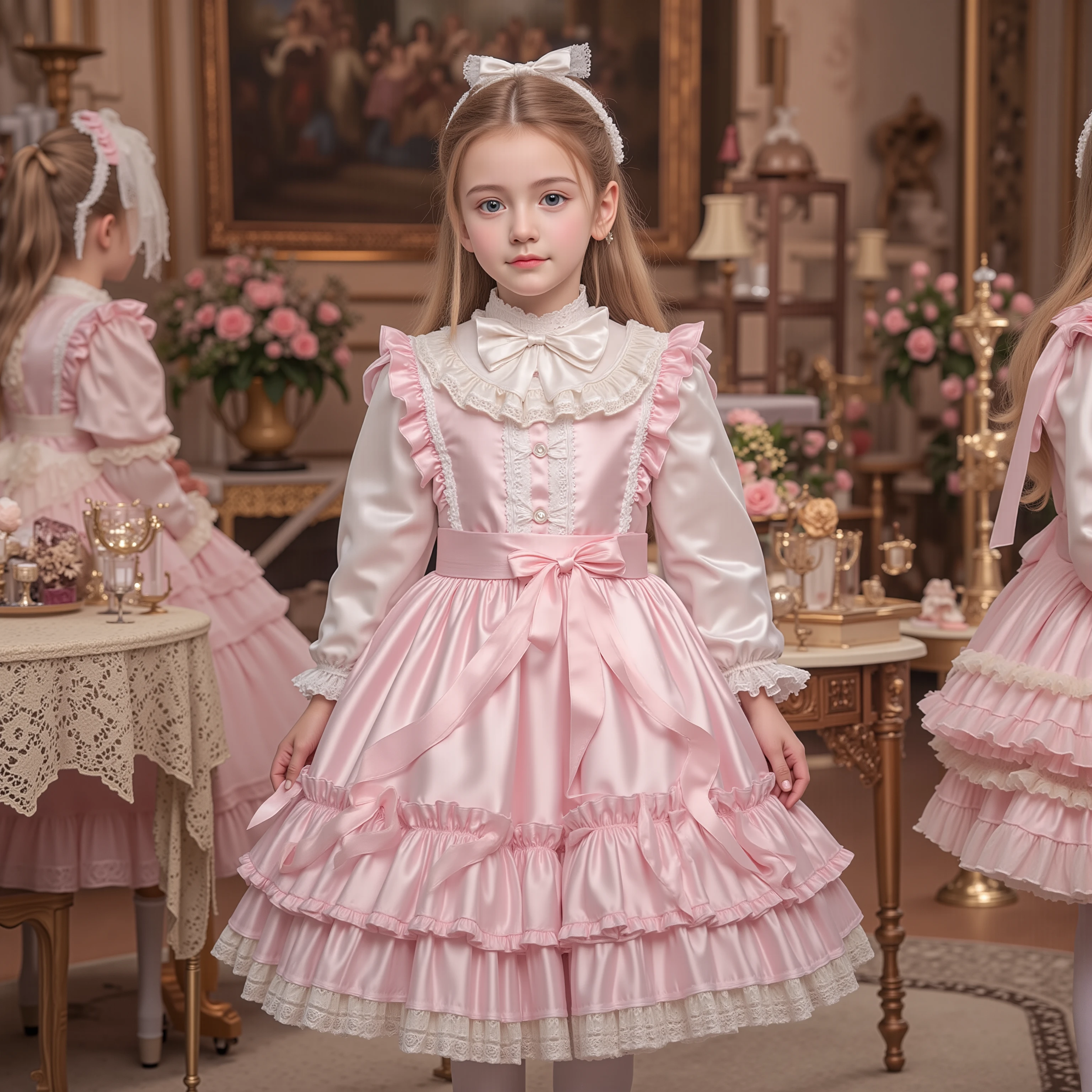 (( Distant Scenery,realistic,full body,standing:1.2)),Highest Quality, masterpiece, highest resolution, super それにget used to it, many get used to it, get used to it, それにget used to it, 3 photos ,,,. ((10 year old European girl,blonde long hair,blue eyes:1.0)),Get used to a super thin young face,lovely smile,baby-like face,ultra high resolution, complicated details, Back hair tied with a ribbon,smile,pastel-colored silk satin dress cutely adorned with ruffles and ribbons, (round large ruffle collar,bow tie,long sleeve, ruffle sleeve ,White Ruffle Blouse,Ruffle placket, ruffles are cute ,frill skirt,Very Elaborate Costume:1.3),(medium skirt,short balloon skirt)),long black socks with ruffles,black loafers,small breasts,detailed background,