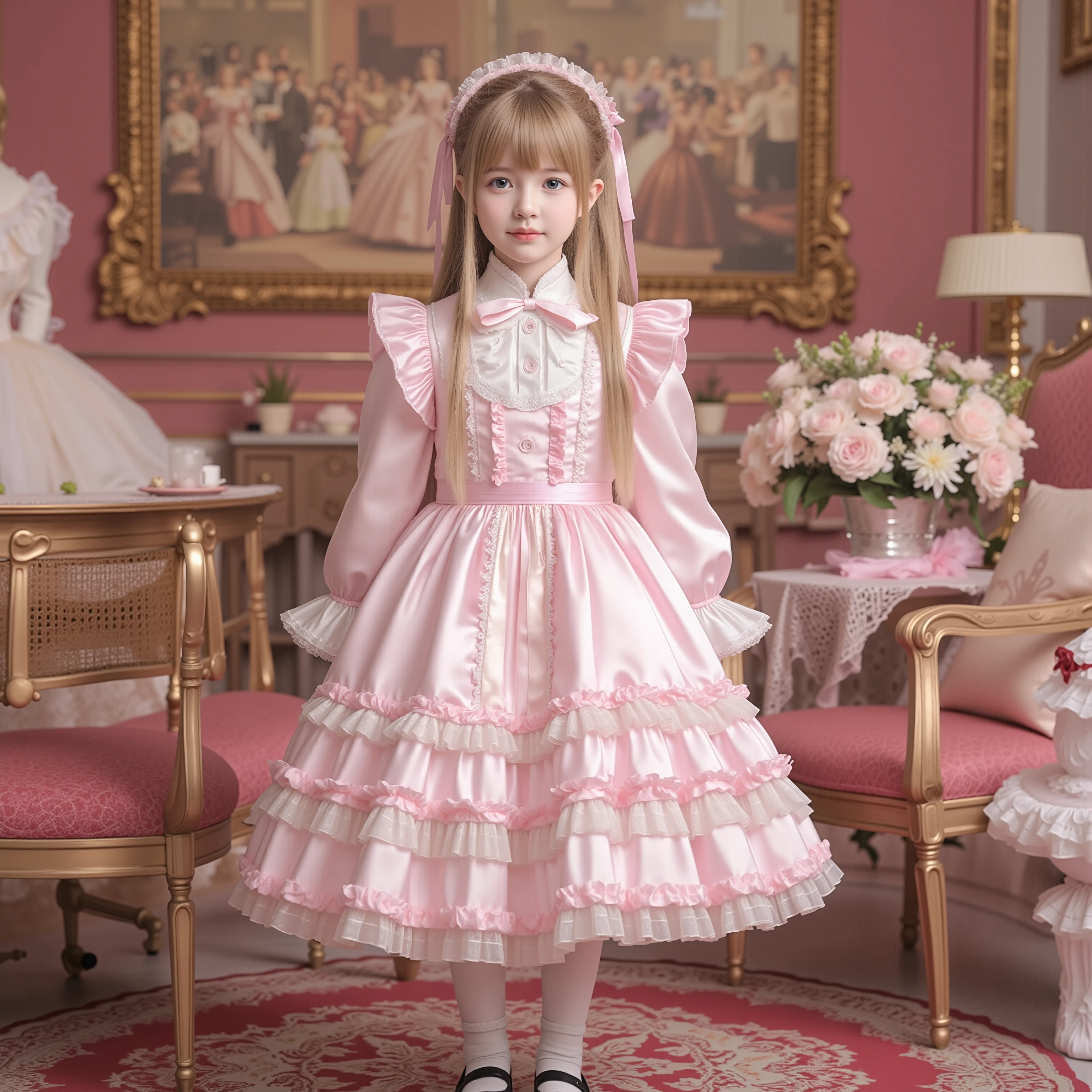 (( Distant Scenery,realistic,full body,standing:1.2)),Highest Quality, masterpiece, highest resolution, super それにget used to it, many get used to it, get used to it, それにget used to it, 3 photos ,,,. ((10 year old European girl,blonde long hair,blue eyes:1.0)),Get used to a super thin young face,lovely smile,baby-like face,ultra high resolution, complicated details, Back hair tied with a ribbon,smile,pastel-colored silk satin dress cutely adorned with ruffles and ribbons, (round large ruffle collar,bow tie,long sleeve, ruffle sleeve ,White Ruffle Blouse,Ruffle placket, ruffles are cute ,frill skirt,Very Elaborate Costume:1.3),(medium skirt,short balloon skirt)),long black socks with ruffles,black loafers,small breasts,detailed background,