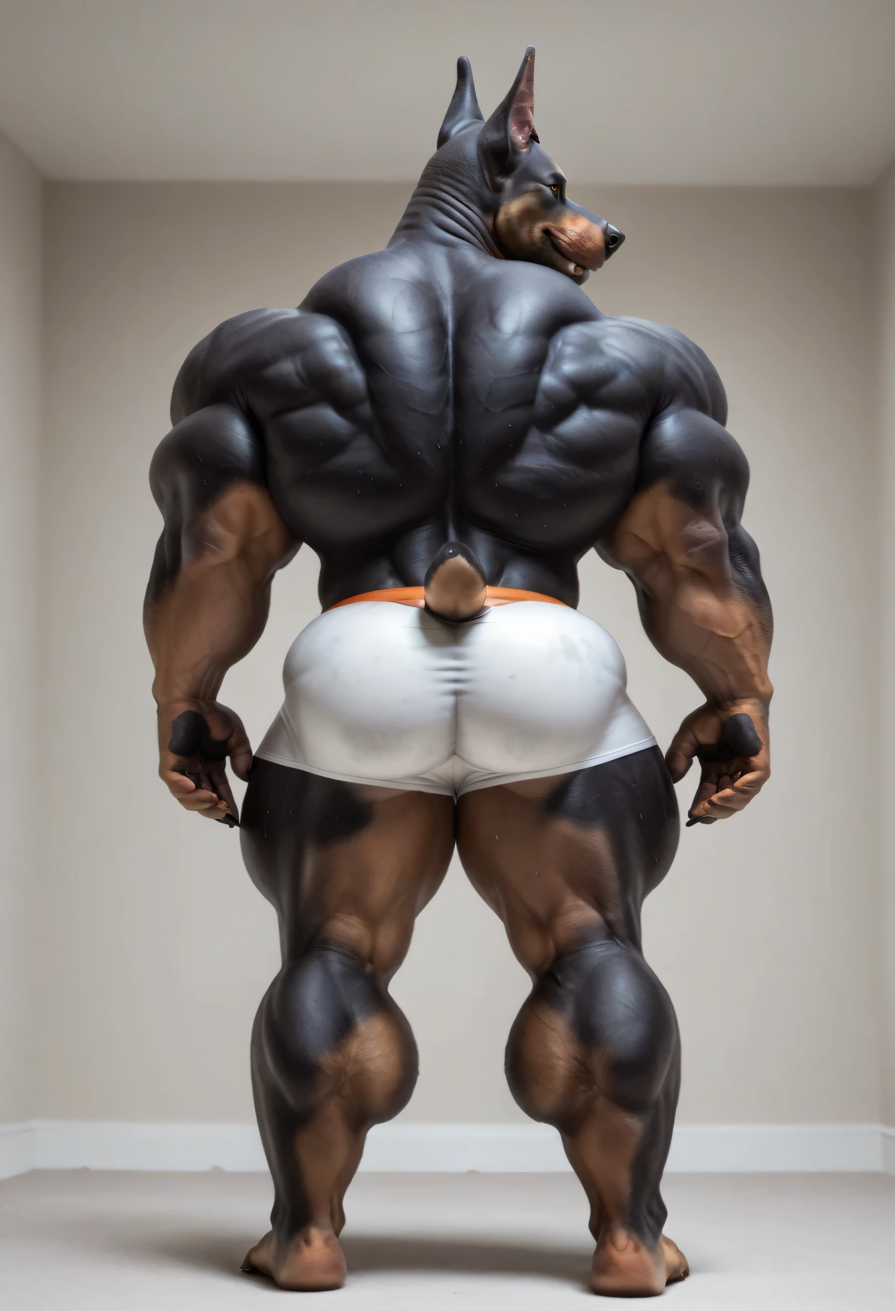 (((by 00b00b43, by morph, by w0lfc0nf))), (((Huge Adult Male Muscular Furry Anthro Canine Doberman Dog:1.5))), (((Solo:2))), (((Detail Bright Orange Eyes:1.5, Black Sclera:1.5))), (((Position(facing away, back view position:1.5, both of his hand are on his hip, standing)))), (((looking at you, extreme low-angle shot))) (((4k, perfect colors, perfect shadows, perfect lighting, Clear facial features, BREAK Photorealistic, Full body photo, perfectly correct anatomy, realistic, very awa, masterpiece, best quality, absurdres, perfect quality, intricate details))), (((Photorealistic In A Red Messy Bedroom))), (((Huge Veiny Muscular Body, Muscular, Huge Muscular bodybuilder body, Manly, Bara, Kemono, Hyper Muscular, Huge Muscular bulging muscles, Huge Muscular bulging ABS, Huge Muscular bulging pecs, Huge Muscular bubble butt, Huge Muscular thighs, Huge Muscular calves, Huge Muscular Thick Neck, Huge Muscular Shoulders))), (((Photorealistic Furry anthro Canine Fluffy Doberman Fur:1.5, Detail Furry anthro Canine Doberman Fur Pigment, Photorealistic Doberman Skin:1.5, Detail Furry anthro Canine Doberman Dog Tail, Photorealistic Furry anthro Canine Bara Chiseled Doberman Dog head, Furry anthro Canine fangs))), (((Photorealistic Black Kinky Short Beard:1.6, Photorealistic Hairy Body:1.6, Smug Expression:1.5, Perfect Male figure, nipple piercings, ear piercings, rings))), (((Photorealistic human hands, human flesh tone hand palms, large hands, plantigrade feet, human feet, huge feet, soles, human flesh tone footpads, finger claws, 5 fingers:1.5, 5 toes:1.5, toe claws, Dark puffy nipples, 10 feet tall:1.5))), (((wearing a wet transparent tight Boxer Briefs:1.5))), (((Sweaty Body:1.5, body steam:1.5))),