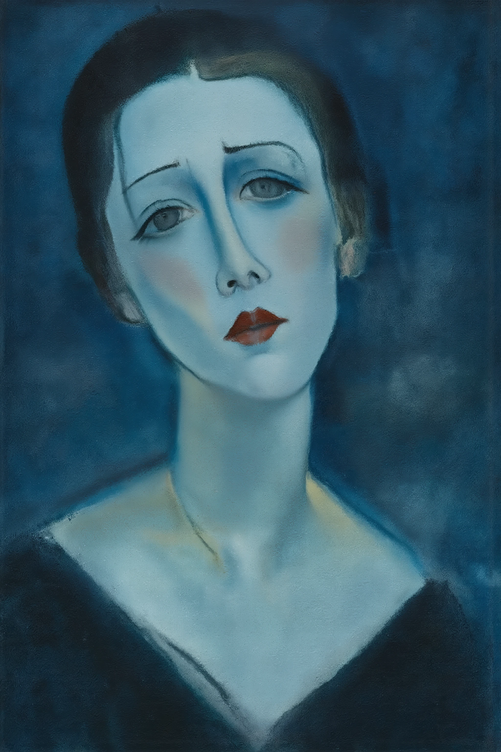 blue woman,Gray eyes,melancholy expression,portrait,make up,amedeomodigliani1 painting,mawo1 painting,oil painting,Depressive Black,