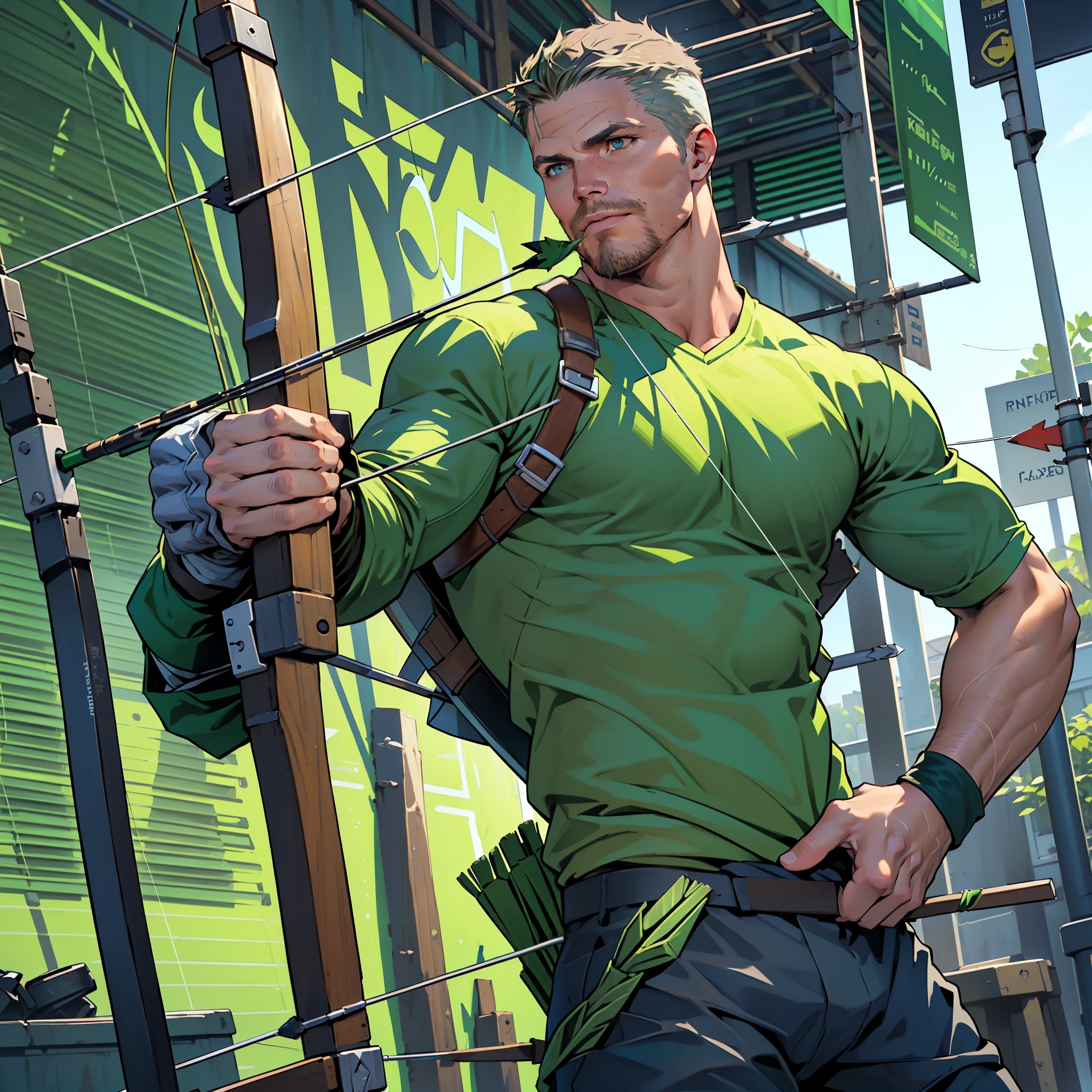 (((1 man in action))),(((lding his crossbow in his left hand ... aiming.... Shooting his arrows..... Running.... ))) , male focus solo,45 yo man,(((Stephen AMELL as green arrow WITH PERFECT ANATOMY))), (((shooting arrows from his CROSSbow, in action ))), (((lean muscle perfect anatomy))), open shirt, pants and brown boots, green finger gloves ,( bulge), full body shot, dark blond short hair, well groomed facial hair , ultra high quality, masterpiece, (((( blue and white and green arabesques lines in the background))))