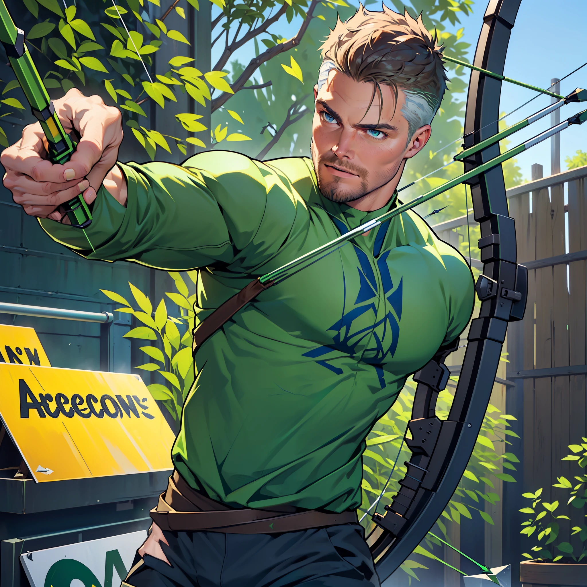 (((1 man in action))),(((lding his crossbow in his left hand ... aiming.... Shooting his arrows..... Running.... ))) , male focus solo,45 yo man,(((Stephen AMELL as green arrow WITH PERFECT ANATOMY))), (((shooting arrows from his CROSSbow, in action ))), (((lean muscle perfect anatomy))), open shirt, pants and brown boots, green finger gloves ,( bulge), full body shot, dark blond short hair, well groomed facial hair , ultra high quality, masterpiece, (((( blue and white and green arabesques lines in the background))))