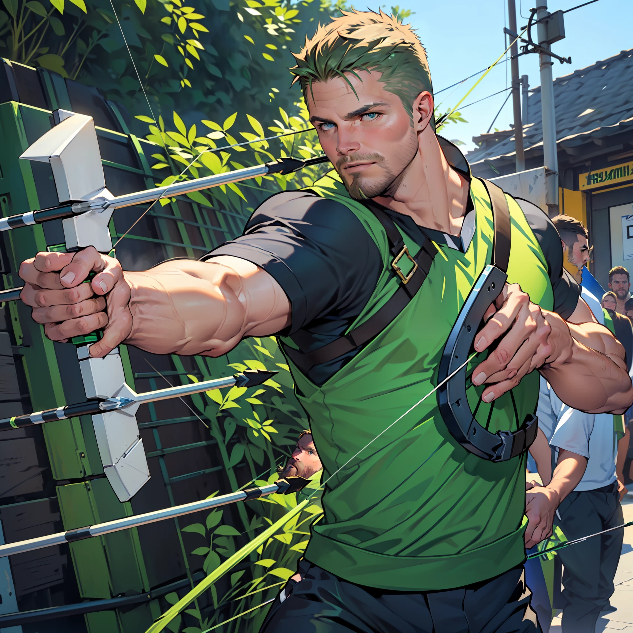 (((1 man in action))),(((lding his crossbow in his left hand ... aiming.... Shooting his arrows..... Running.... ))) , male focus solo,45 yo man,(((Stephen AMELL as green arrow WITH PERFECT ANATOMY))), (((shooting arrows from his CROSSbow, in action ))), (((lean muscle perfect anatomy))), open shirt, pants and brown boots, green finger gloves ,( bulge), full body shot, dark blond short hair, well groomed facial hair , ultra high quality, masterpiece, (((( blue and white and green arabesques lines in the background))))