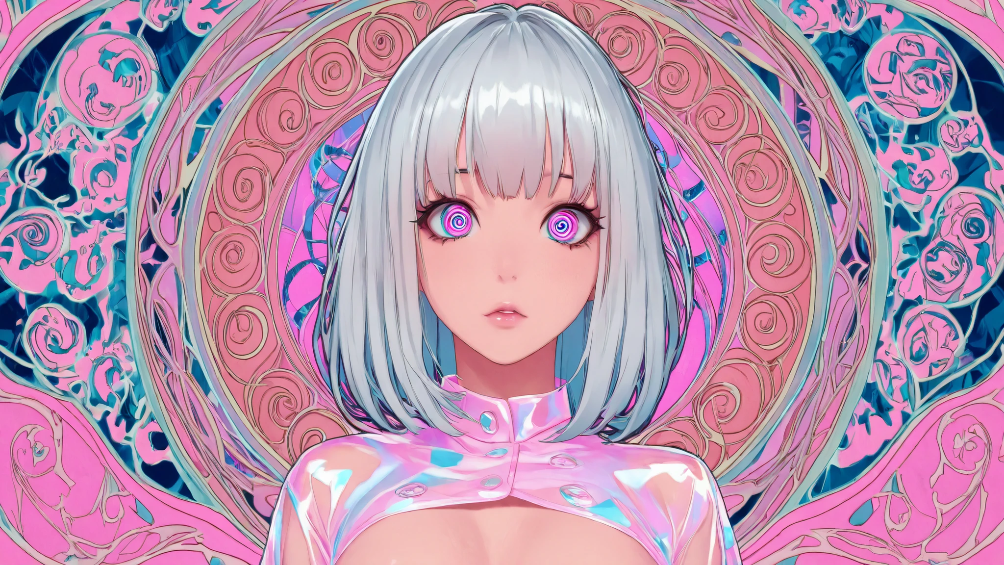 nsfw,透明な服、nipple,One girl, Medium Hair, silver hair, sexy nurse, with large expressive eyes, (highly detailed trippy spiral pupils:1.2), extremely detailed eyes, Beautiful fine details, Beautiful lip detail, Beautifully detailed face, Long eyelashes, shiny Skin, whole body view, (Cyber Art Nouveau: 1.2), neon, Vibrant colors, High resolution, Cinematic, Harajuku Fashion Akihabara, Transparent color PVC clothing, Transparent Color Vinyl Clothing, Prismatic, Holographic, Kizi,Highly detailed, Amazing work,Vitreous luster, Art Nouveau inspired design, bold elements, glowing neon colors,(((neon colors))),blue color,pink colour,Best quality at best, Pop art, poster art