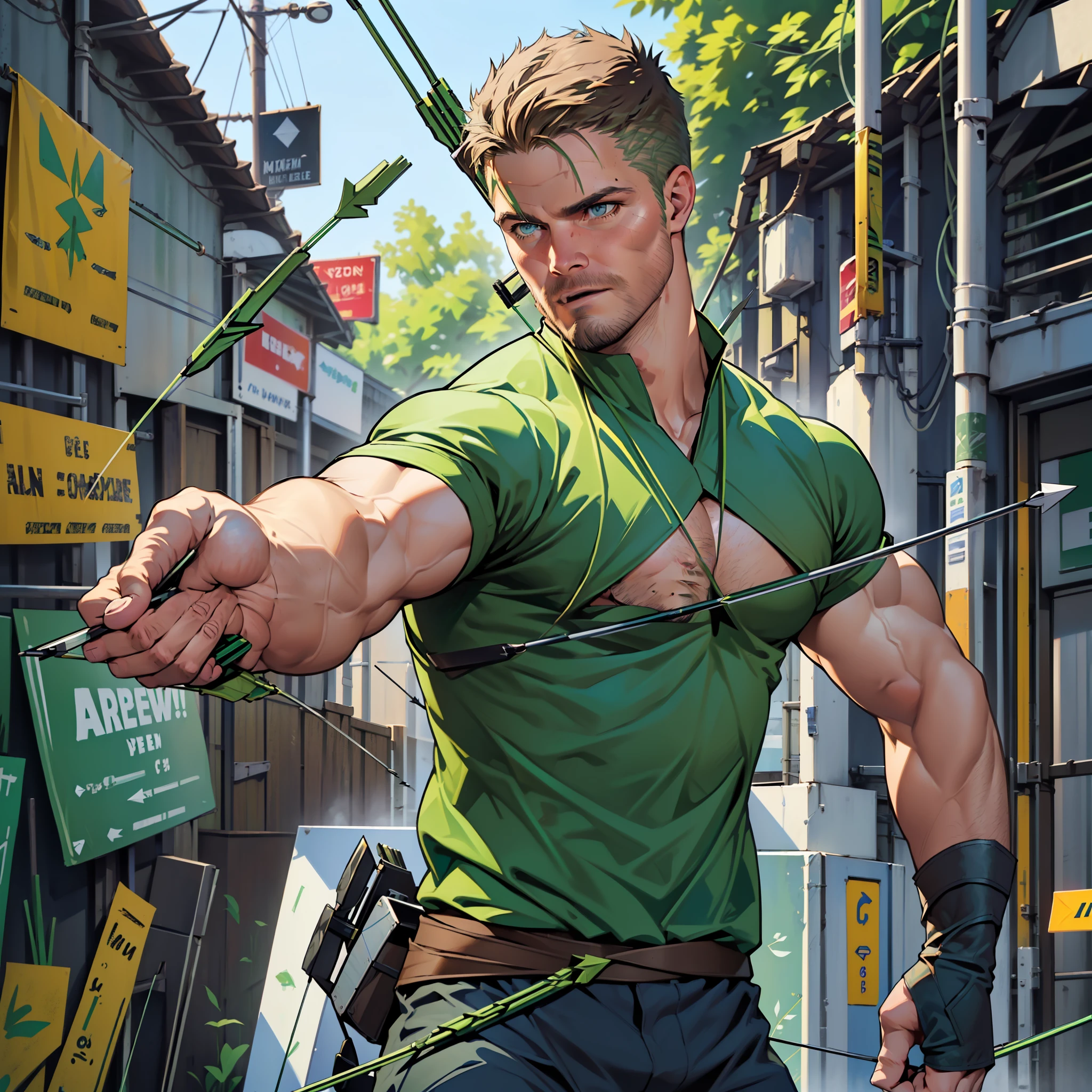 (((1 man in action))),(((lding his crossbow in his left hand ... aiming.... Shooting his arrows..... Running.... ))) , male focus solo,45 yo man,(((Stephen AMELL as green arrow WITH PERFECT ANATOMY))), (((shooting arrows from his CROSSbow, in action ))), (((lean muscle perfect anatomy))), open shirt, pants and brown boots, green finger gloves ,( bulge), full body shot, dark blond short hair, well groomed facial hair , ultra high quality, masterpiece, (((( blue and white and green arabesques lines in the background))))
