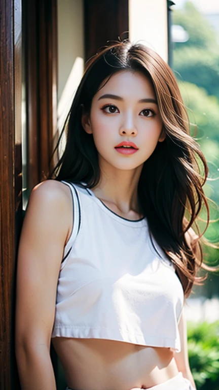 Highly detailed CG Unity 8K wallpapers、top-quality、ultra-detailliert、​masterpiece、realisitic、Photo Real、extremely detailed cute girl、35 year old、red blush、roundly eyes、Medium 、viewer、Semi-body shot、onepiece 、wavy and long hair、Soft look、kindly smile