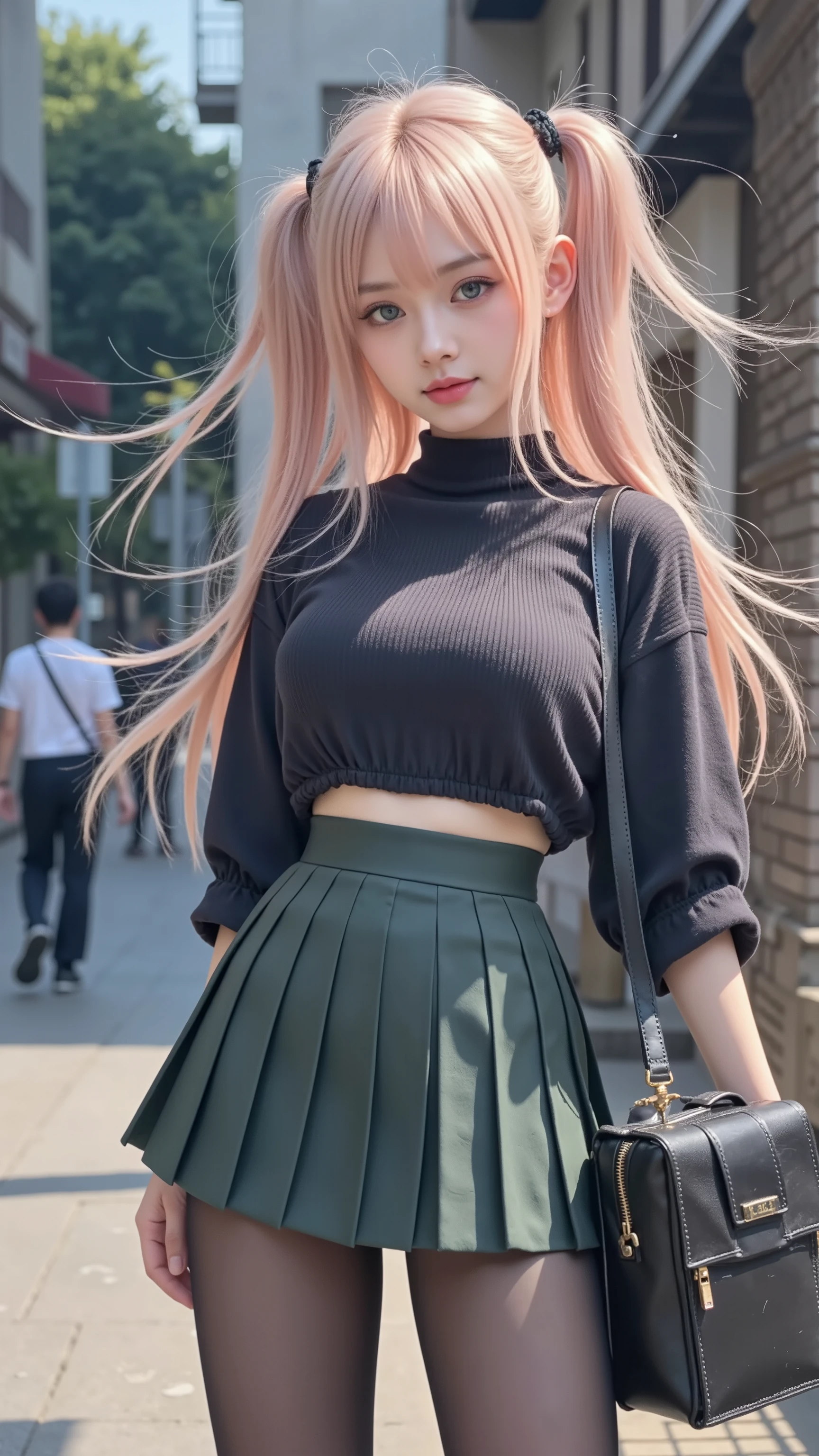 Girl with long pink hair and blue eyes in a skirt, sexy style. 8k, sexy style 4 k, artwork in the style of guweiz, cute girl, リアルなsexy style, beautiful girl, リアルなsexy style, cute girlのビジュアル, surreal high school girl, (tight waist:1.2), ((big boobs、Beautifully shaped breast milk bag)), (detailed legs on the wall、Beautiful legs:1.2, thin thighs:1.2), Highest Quality, Highest Image Quality, masterpiece, reality、ultra high definition、(detailed hands:1.2, Perfectly Right Hand:1.2)、high neck