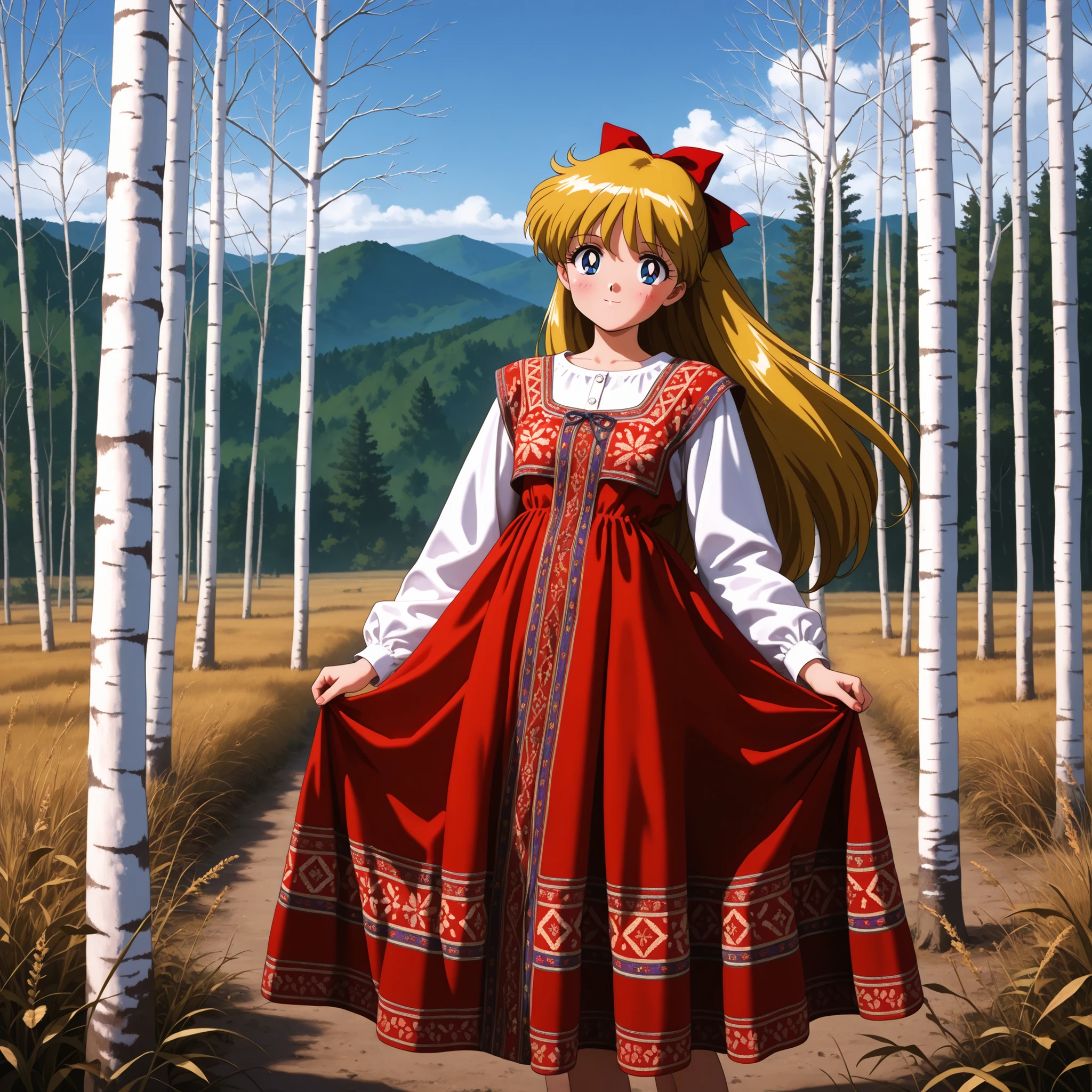 masterpiece, amazing quality, best quality, ultra-detailed, 8K, illustration, clear skin, ultra-detailed-eyes, soft skin, very awa, very as2, soft body, 1990s \(style\), official art,, minako aino, blonde hair, blue eyes,sarafan with shirt, red dress, day, looking at viewer, around field, in steppe, birch tree, folk dress, embroidery, light smile, posing, red cheeks